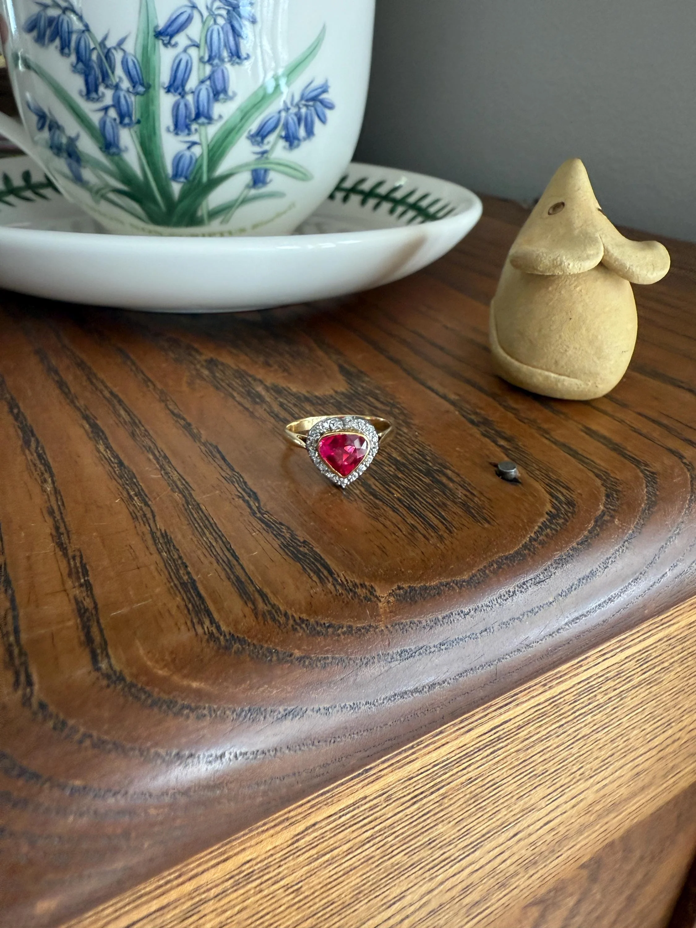 HEART French Antique Ruby Old Mine Cut Diamond 18k Gold Figural Halo Ring Pink Colorful Stacker Romantic Gift - Image 7