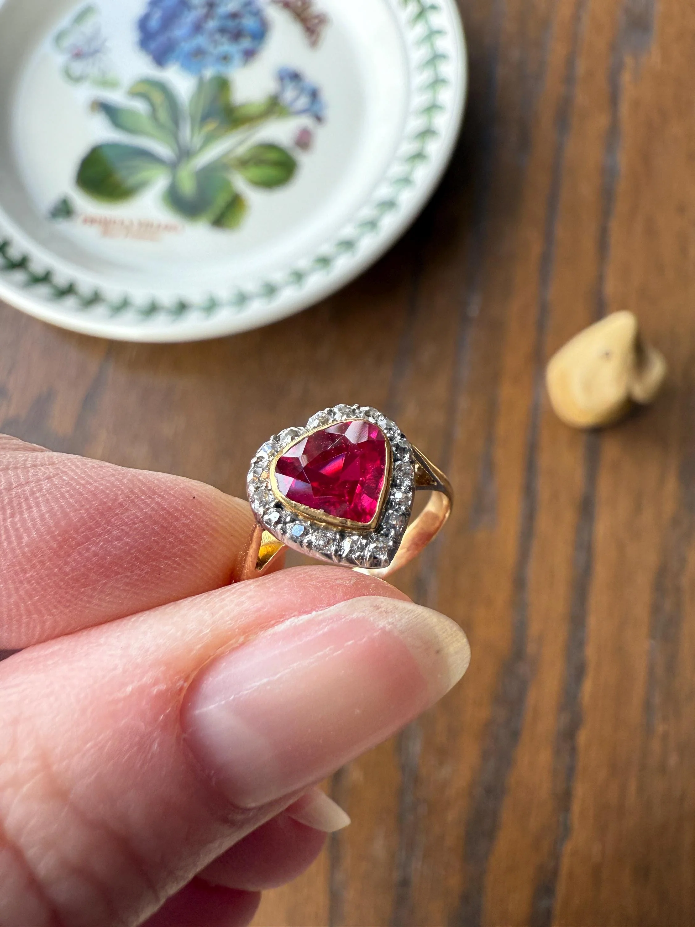 HEART French Antique Ruby Old Mine Cut Diamond 18k Gold Figural Halo Ring Pink Colorful Stacker Romantic Gift - Image 9
