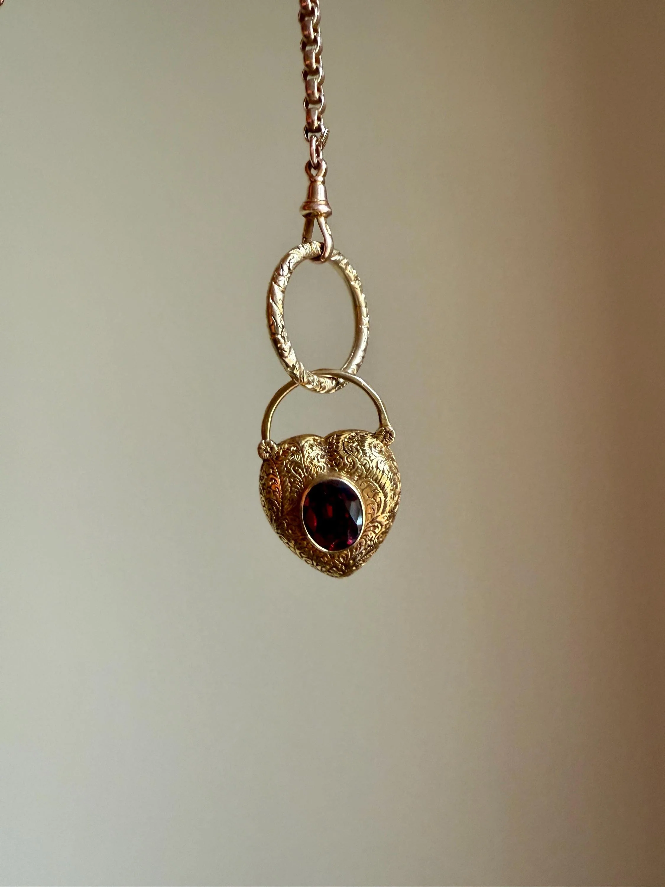 HEART Victorian PADLOCK Antique GARNET 10k Gold Solid Pendant Locket Back Figural Etched Reversible Puffy - Image 3