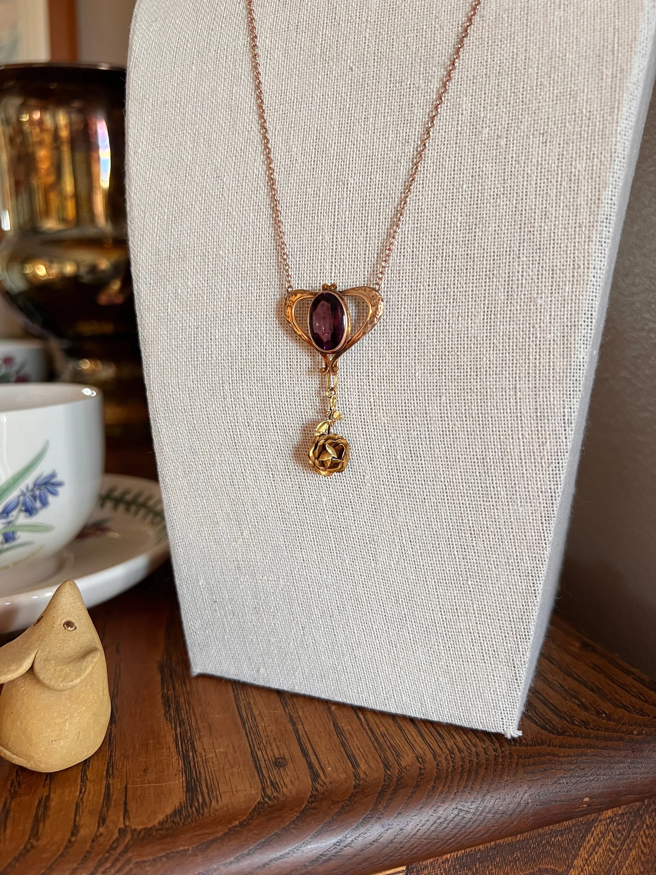 HEART Victorian Purple Paste Amethyst 10k Gold PENDANT HOLDER on 14k Chain Glowing Buff Top Oval Hook on Back - Image 3