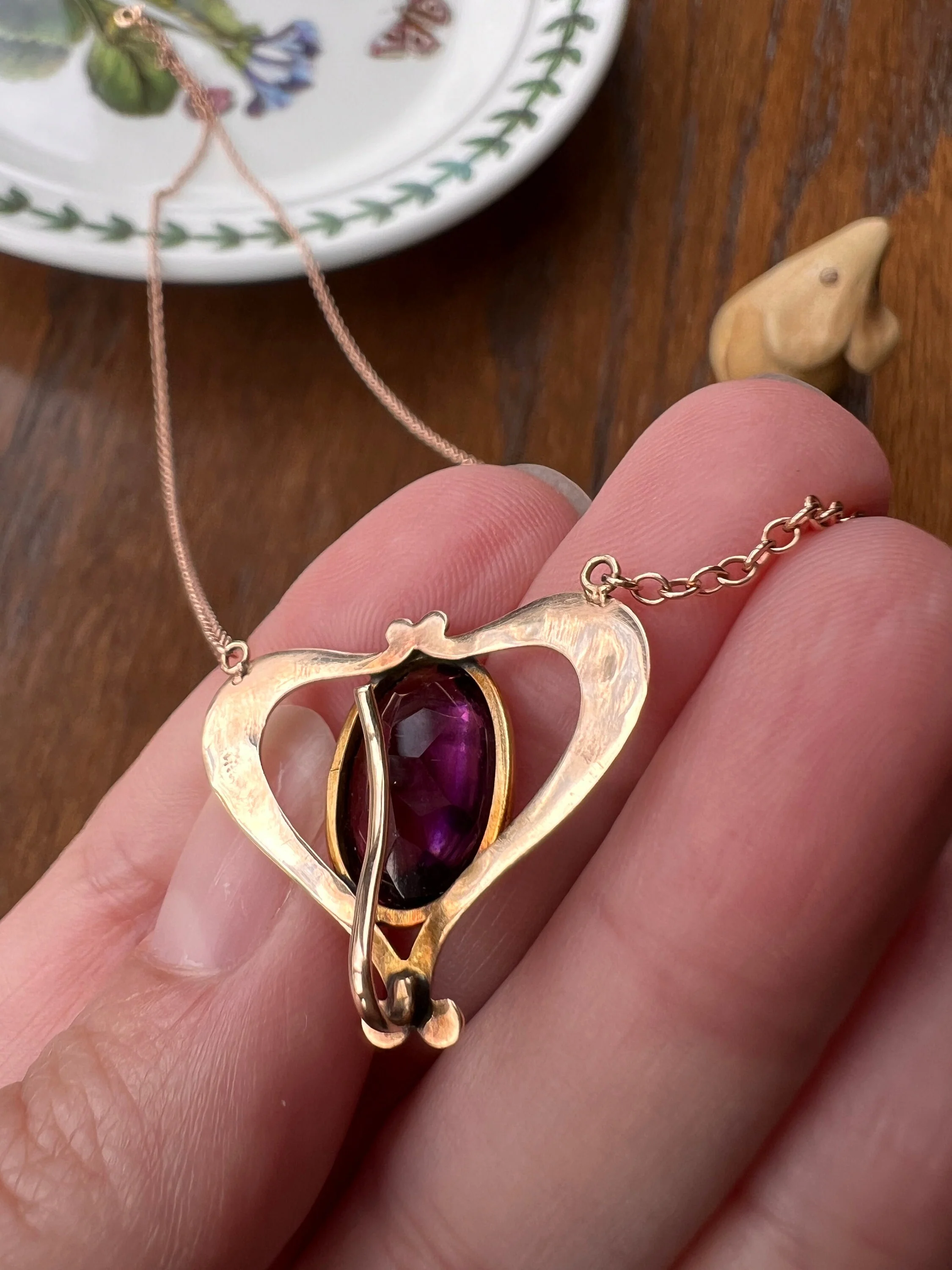 HEART Victorian Purple Paste Amethyst 10k Gold PENDANT HOLDER on 14k Chain Glowing Buff Top Oval Hook on Back - Image 4