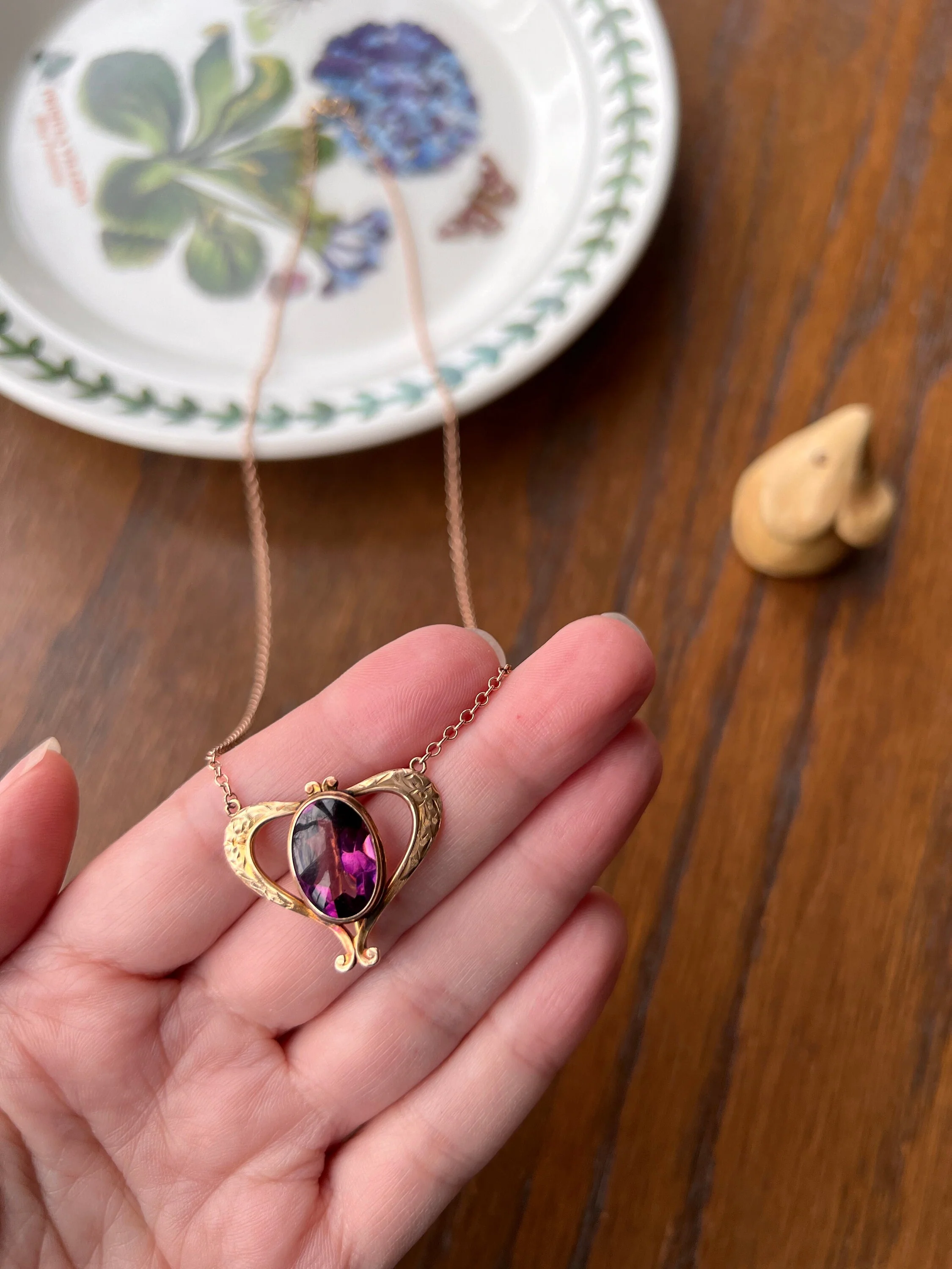 HEART Victorian Purple Paste Amethyst 10k Gold PENDANT HOLDER on 14k Chain Glowing Buff Top Oval Hook on Back - Image 6