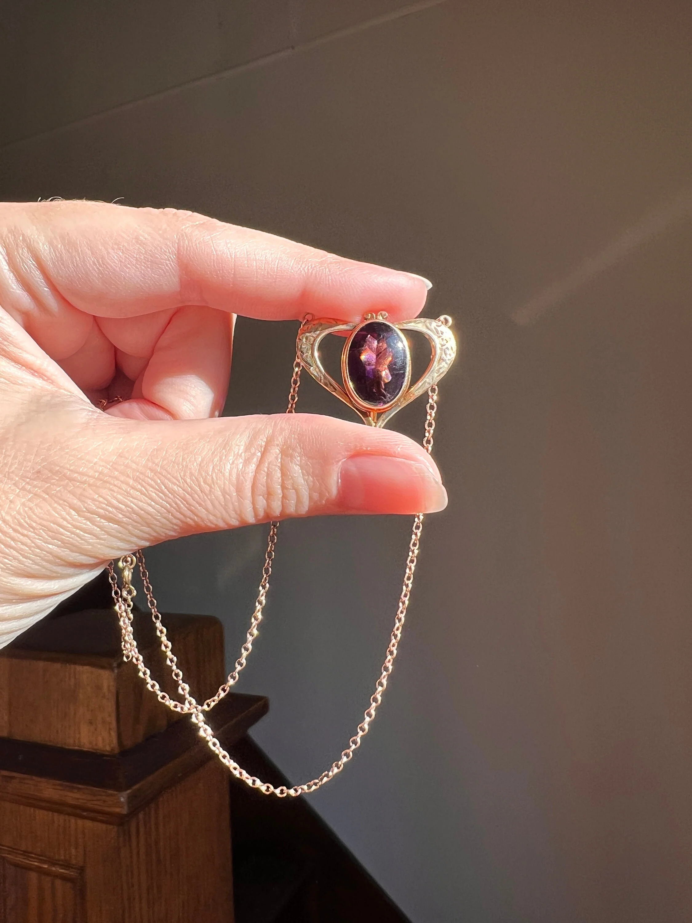 HEART Victorian Purple Paste Amethyst 10k Gold PENDANT HOLDER on 14k Chain Glowing Buff Top Oval Hook on Back - Image 7