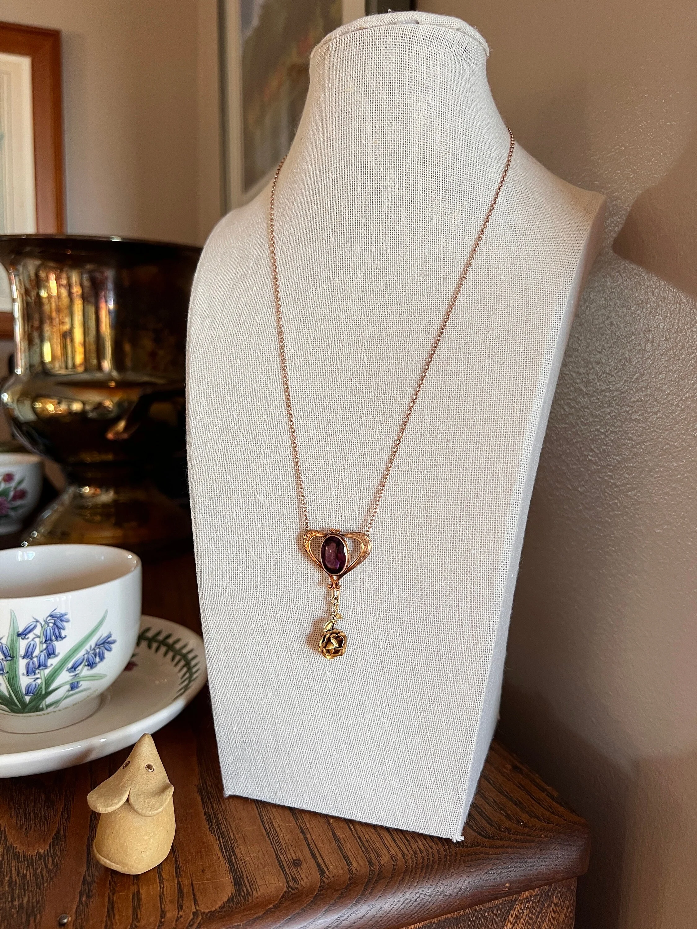 HEART Victorian Purple Paste Amethyst 10k Gold PENDANT HOLDER on 14k Chain Glowing Buff Top Oval Hook on Back - Image 8