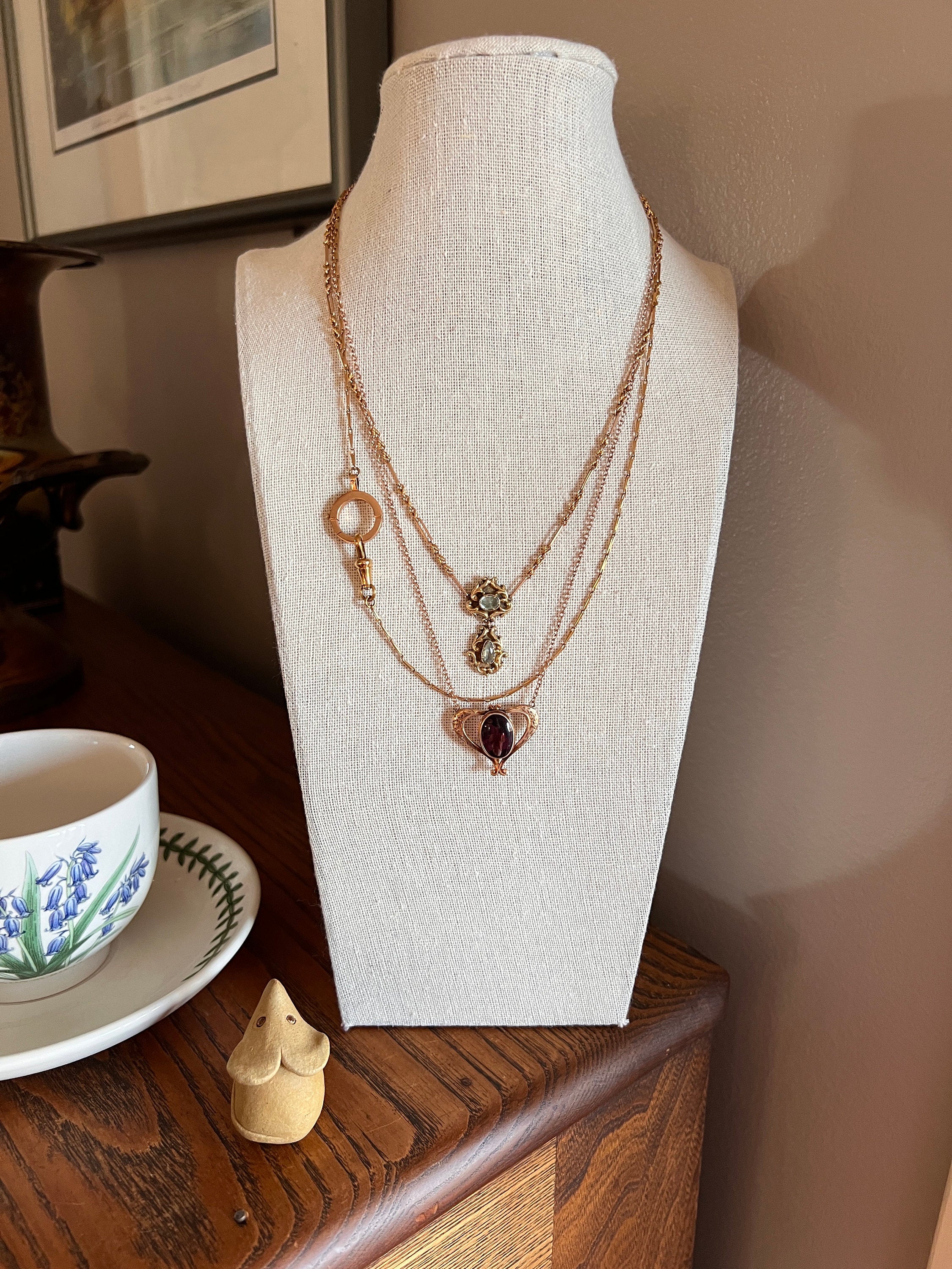 HEART Victorian Purple Paste Amethyst 10k Gold PENDANT HOLDER on 14k Chain Glowing Buff Top Oval Hook on Back - Image 9