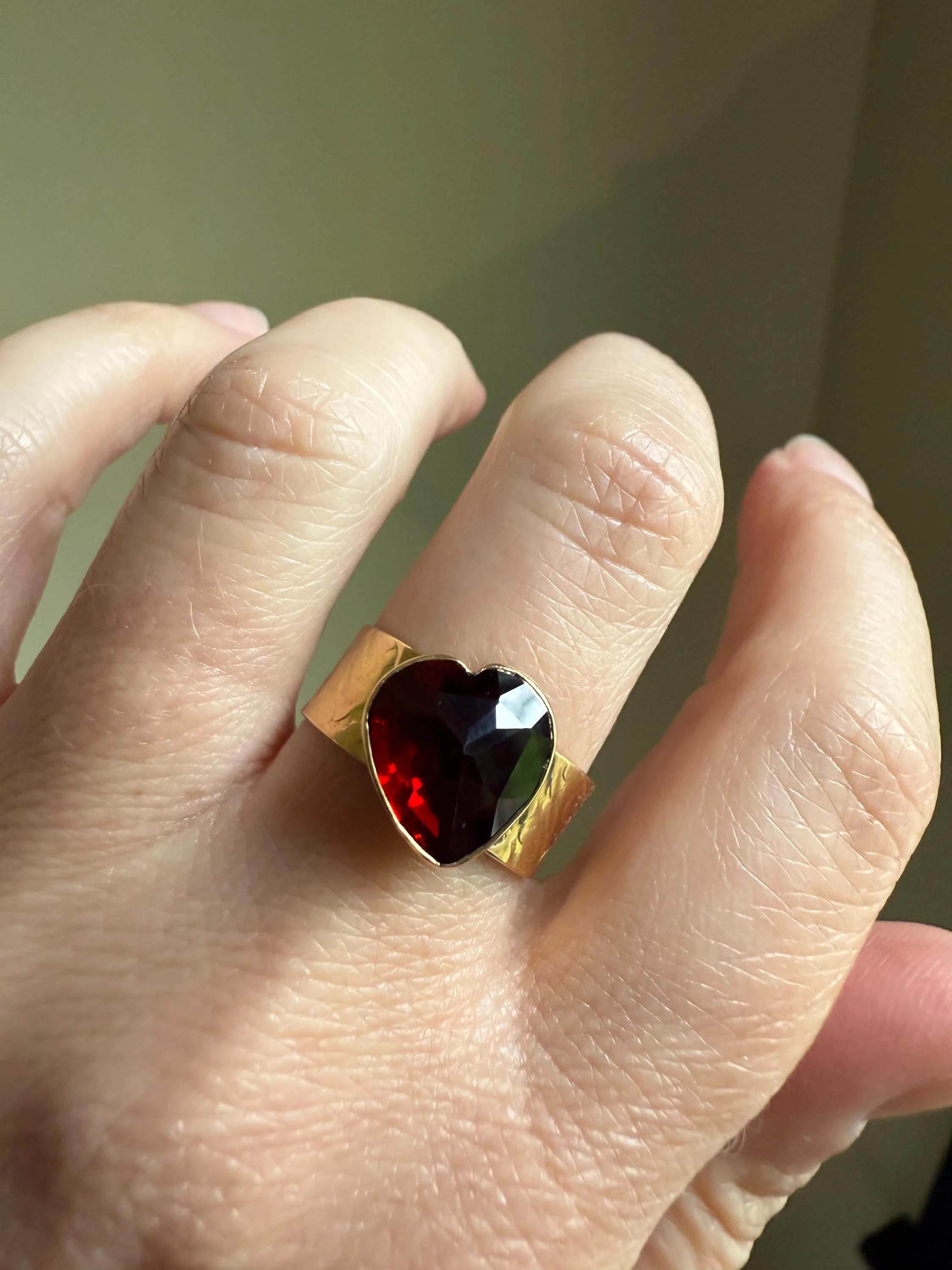 HEART Vintage Perpignan GARNET 7mm Wide Cigar Band Ring Figural Stacker Crimson Glowing Red Angled - Image 2