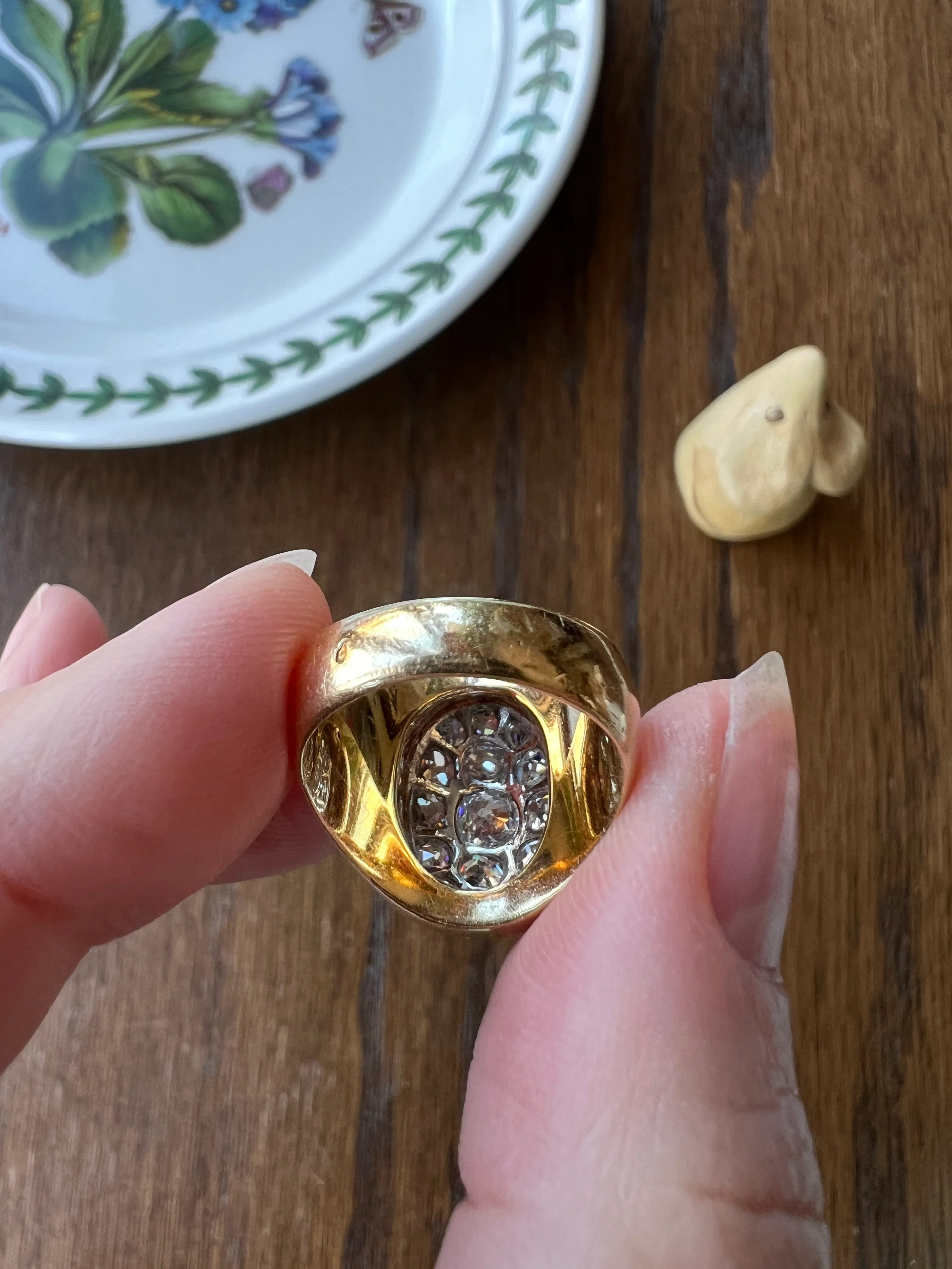 HEAVY 12g 18k Gold Antique CHUNKY Wide Band 1.6 CARAT Old Mine Cut DiAMONDS Ring French Cobblestone Cluster Ring Domed Oval Signet - Image 12