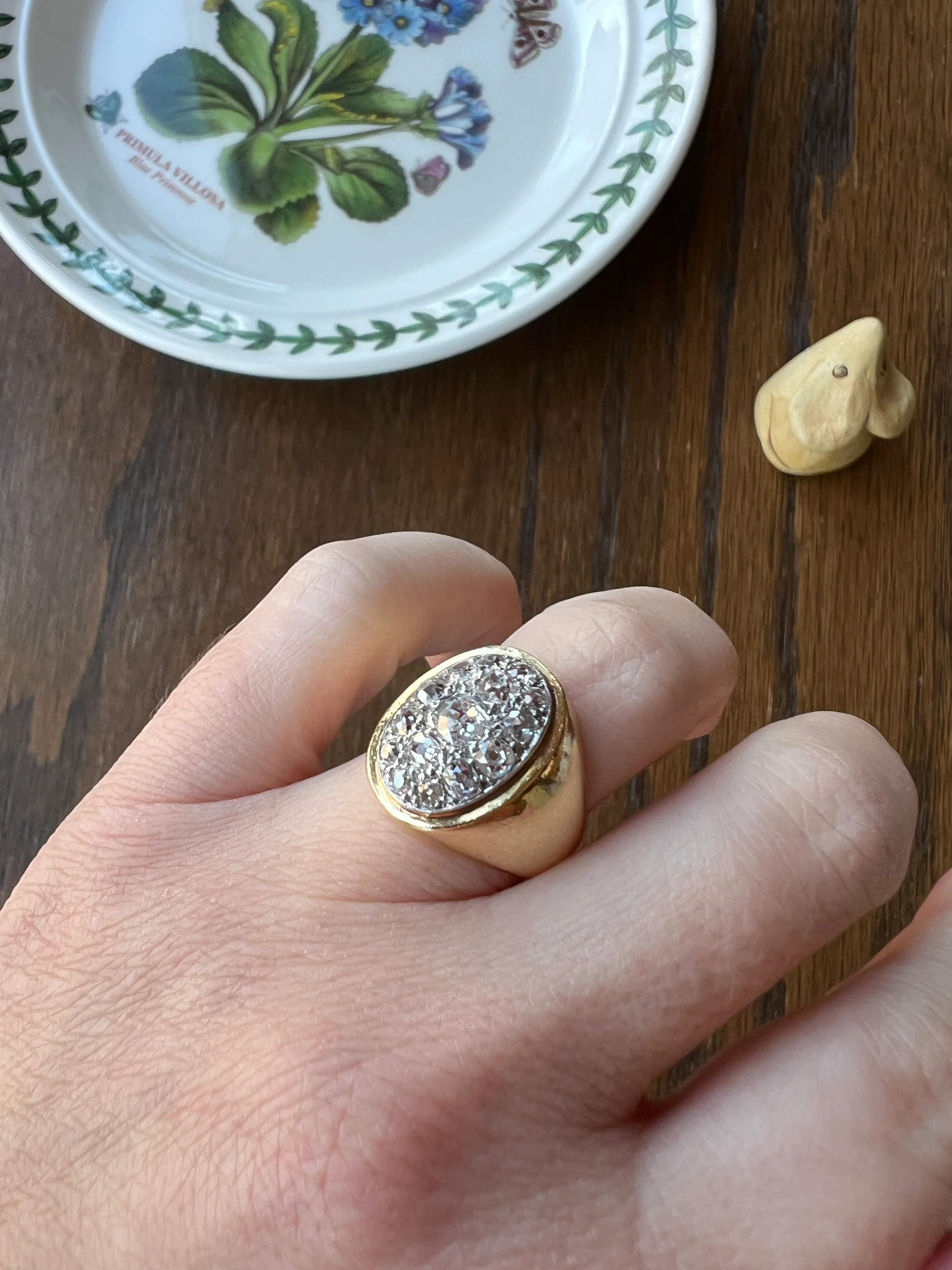 HEAVY 12g 18k Gold Antique CHUNKY Wide Band 1.6 CARAT Old Mine Cut DiAMONDS Ring French Cobblestone Cluster Ring Domed Oval Signet - Image 14
