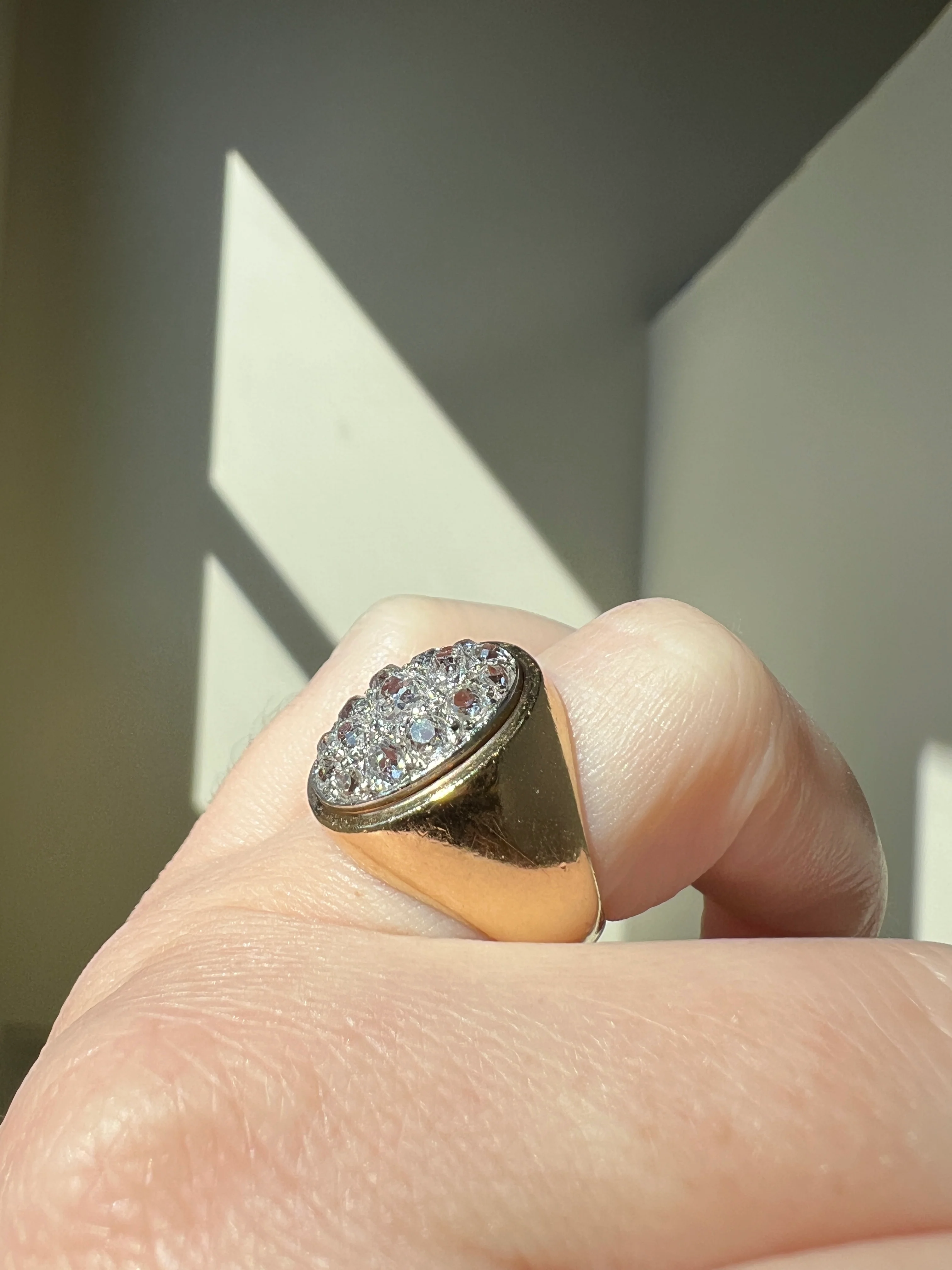 HEAVY 12g 18k Gold Antique CHUNKY Wide Band 1.6 CARAT Old Mine Cut DiAMONDS Ring French Cobblestone Cluster Ring Domed Oval Signet - Image 15