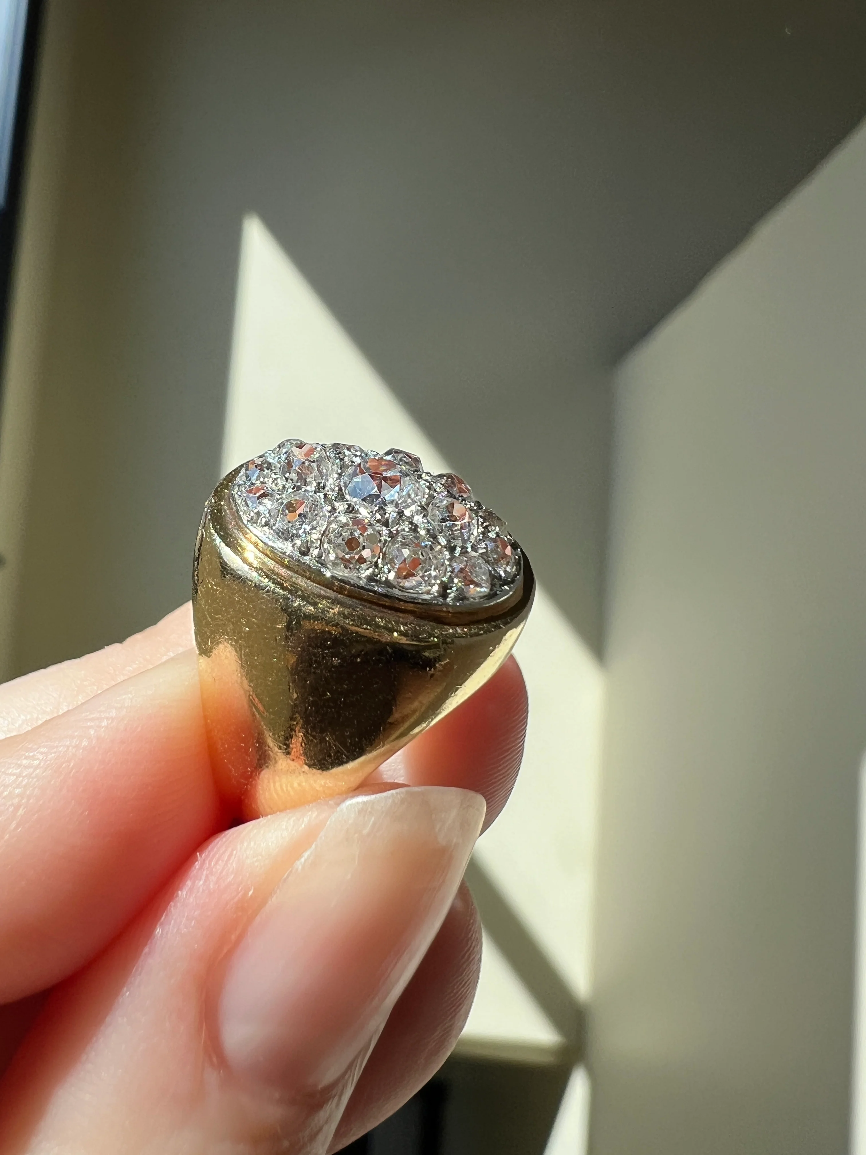 HEAVY 12g 18k Gold Antique CHUNKY Wide Band 1.6 CARAT Old Mine Cut DiAMONDS Ring French Cobblestone Cluster Ring Domed Oval Signet - Image 16