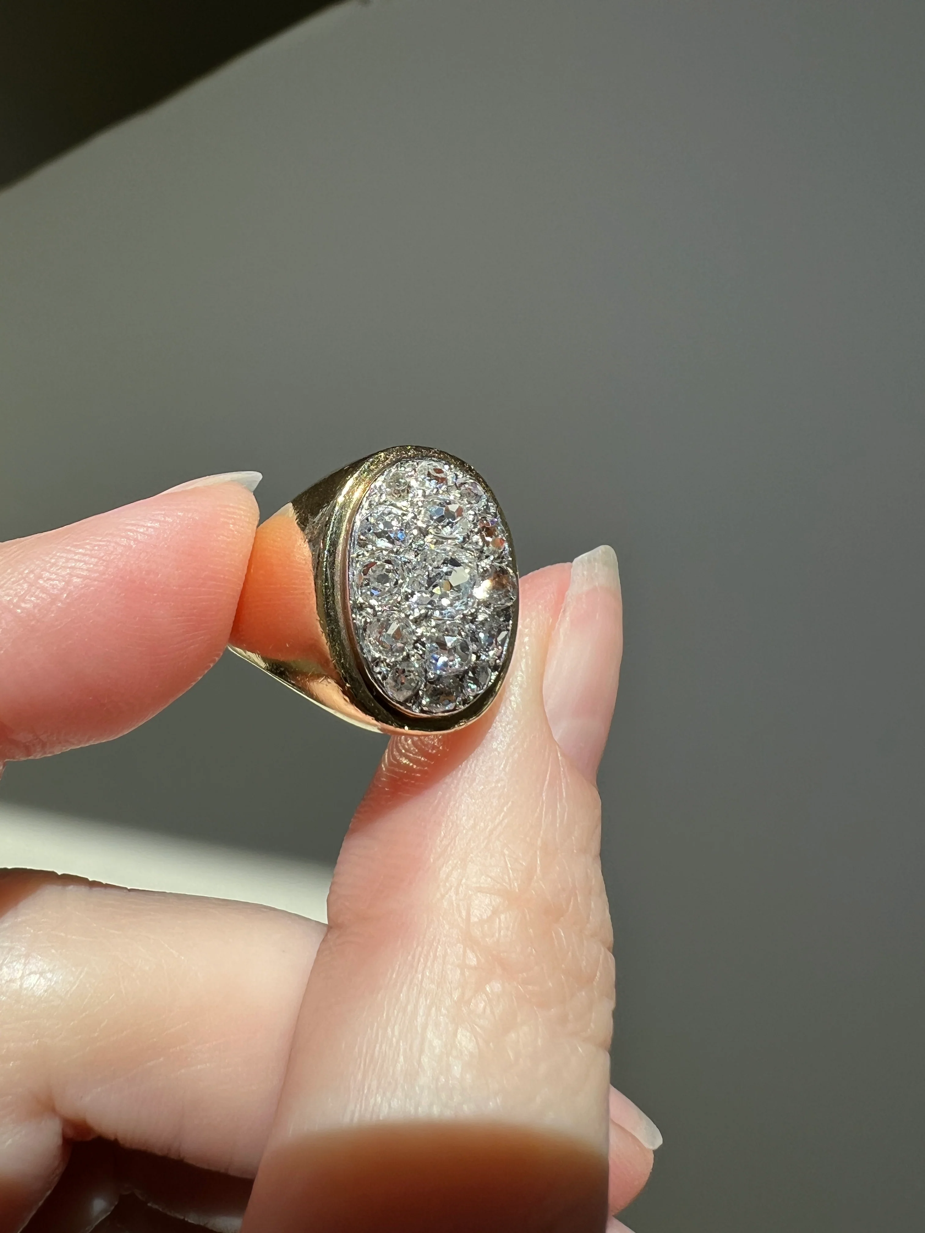 HEAVY 12g 18k Gold Antique CHUNKY Wide Band 1.6 CARAT Old Mine Cut DiAMONDS Ring French Cobblestone Cluster Ring Domed Oval Signet - Image 18