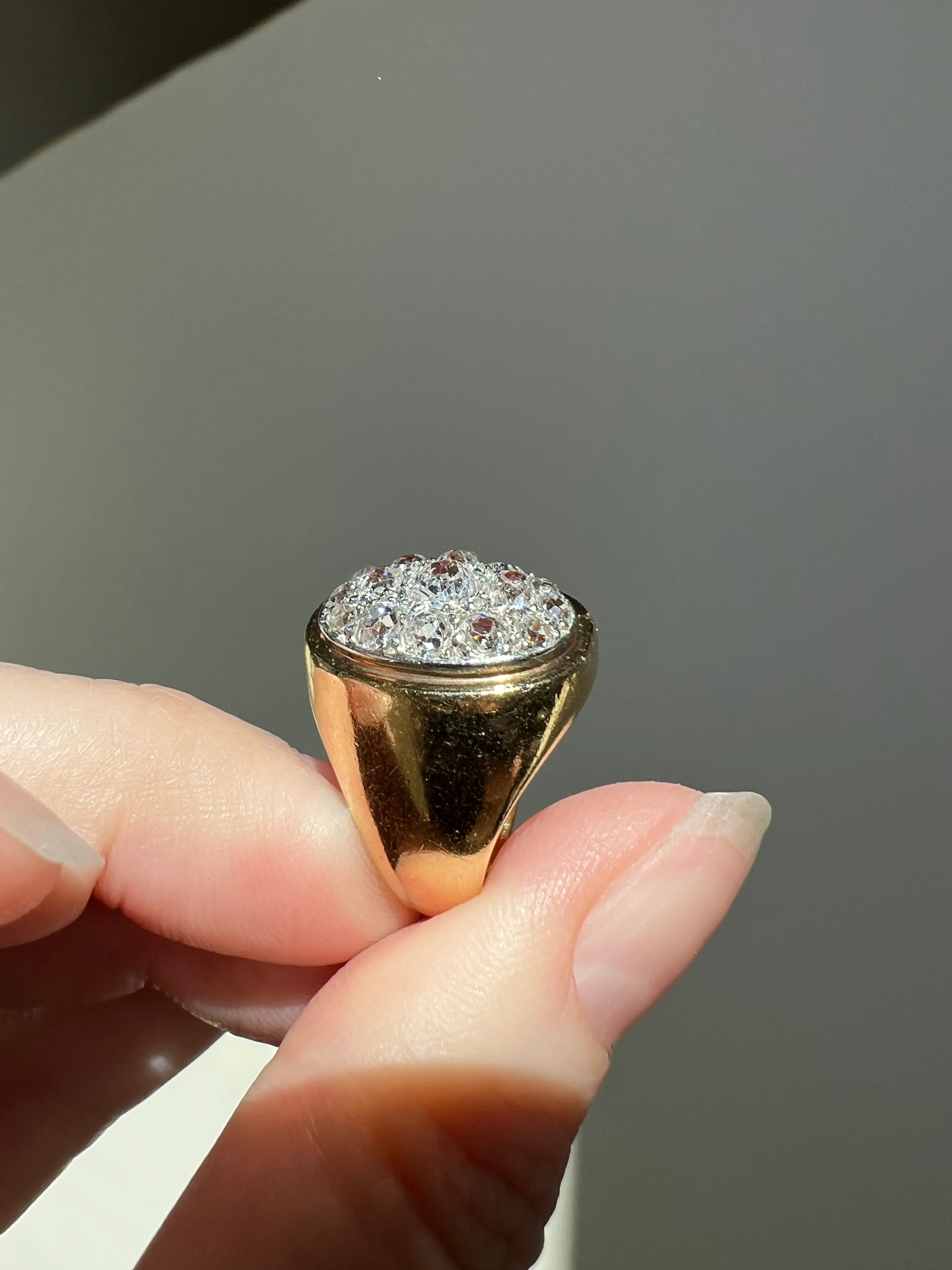 HEAVY 12g 18k Gold Antique CHUNKY Wide Band 1.6 CARAT Old Mine Cut DiAMONDS Ring French Cobblestone Cluster Ring Domed Oval Signet - Image 19