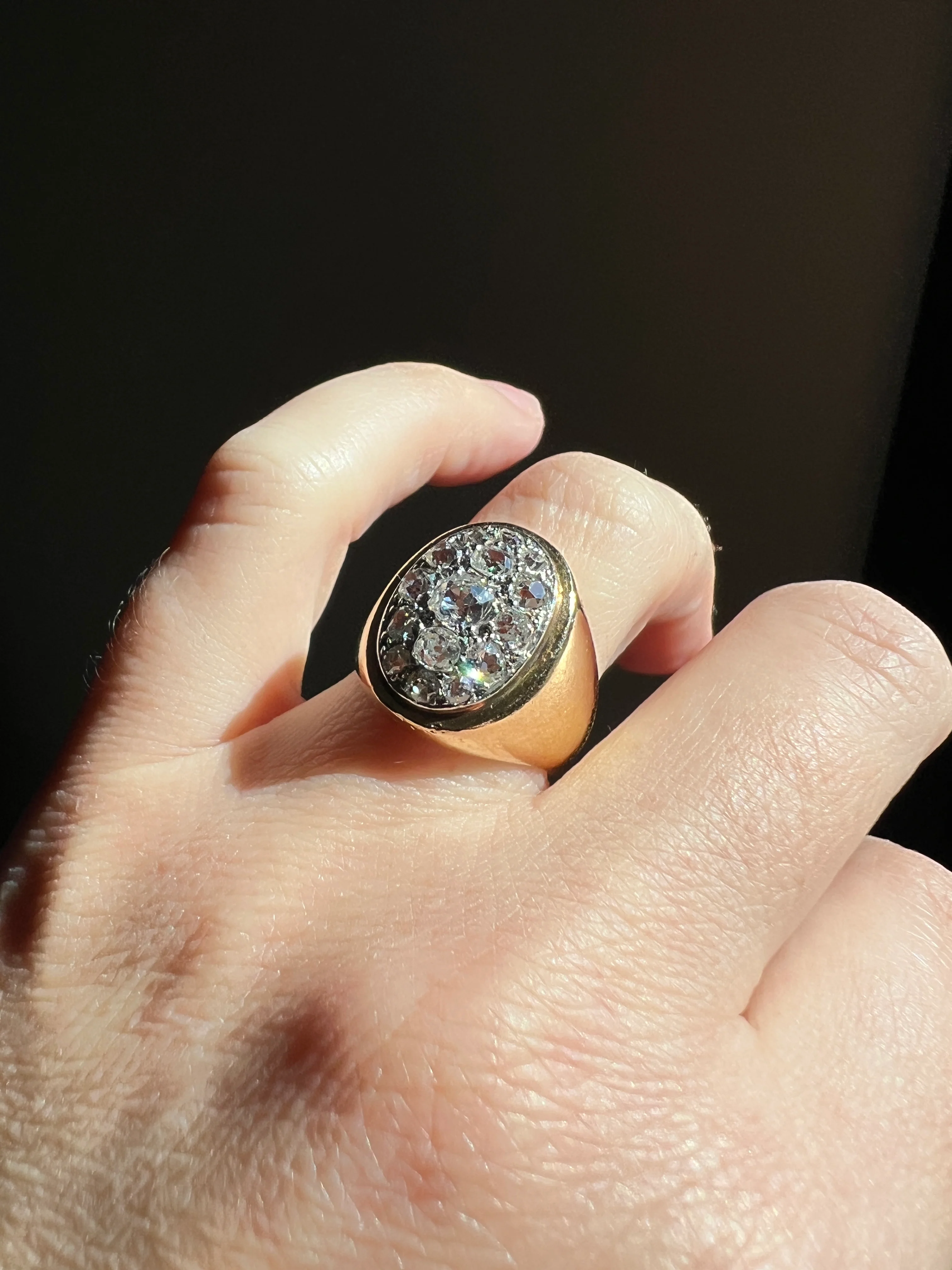 HEAVY 12g 18k Gold Antique CHUNKY Wide Band 1.6 CARAT Old Mine Cut DiAMONDS Ring French Cobblestone Cluster Ring Domed Oval Signet - Image 21