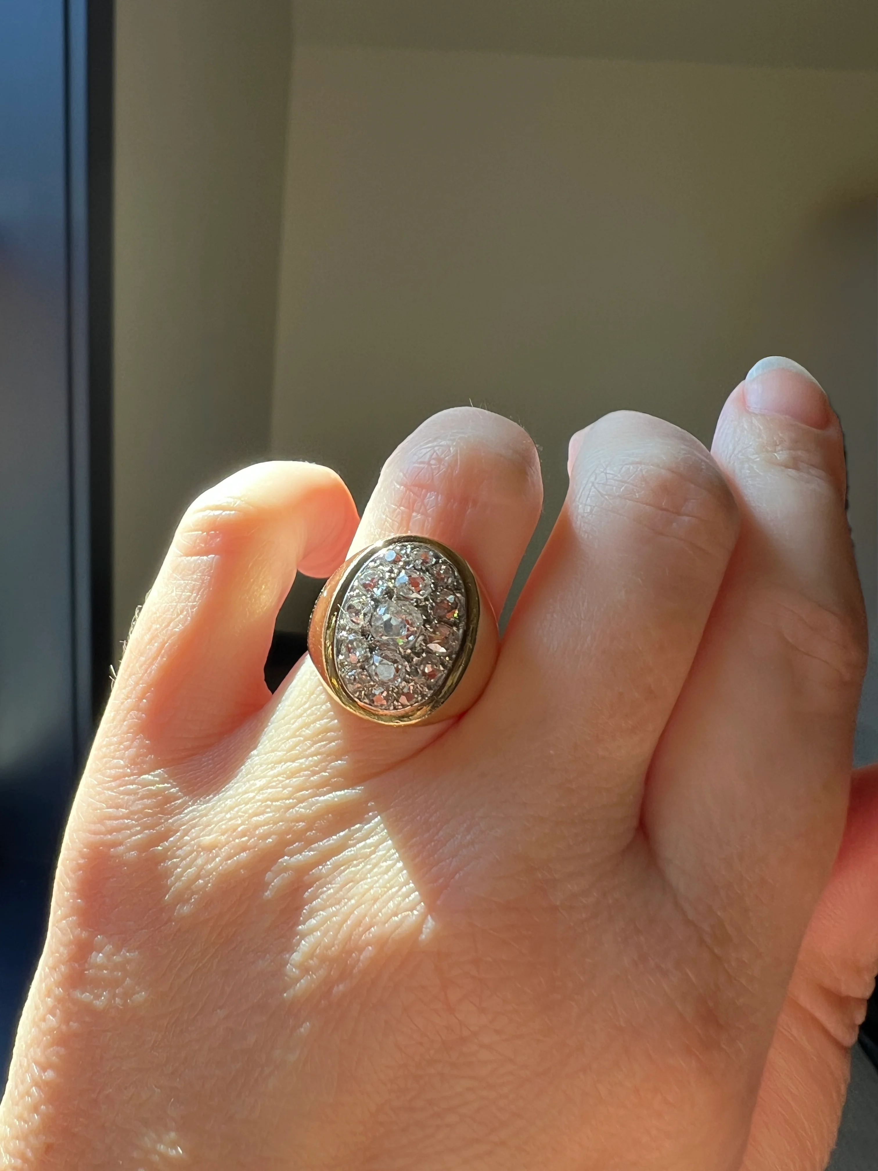 HEAVY 12g 18k Gold Antique CHUNKY Wide Band 1.6 CARAT Old Mine Cut DiAMONDS Ring French Cobblestone Cluster Ring Domed Oval Signet - Image 22