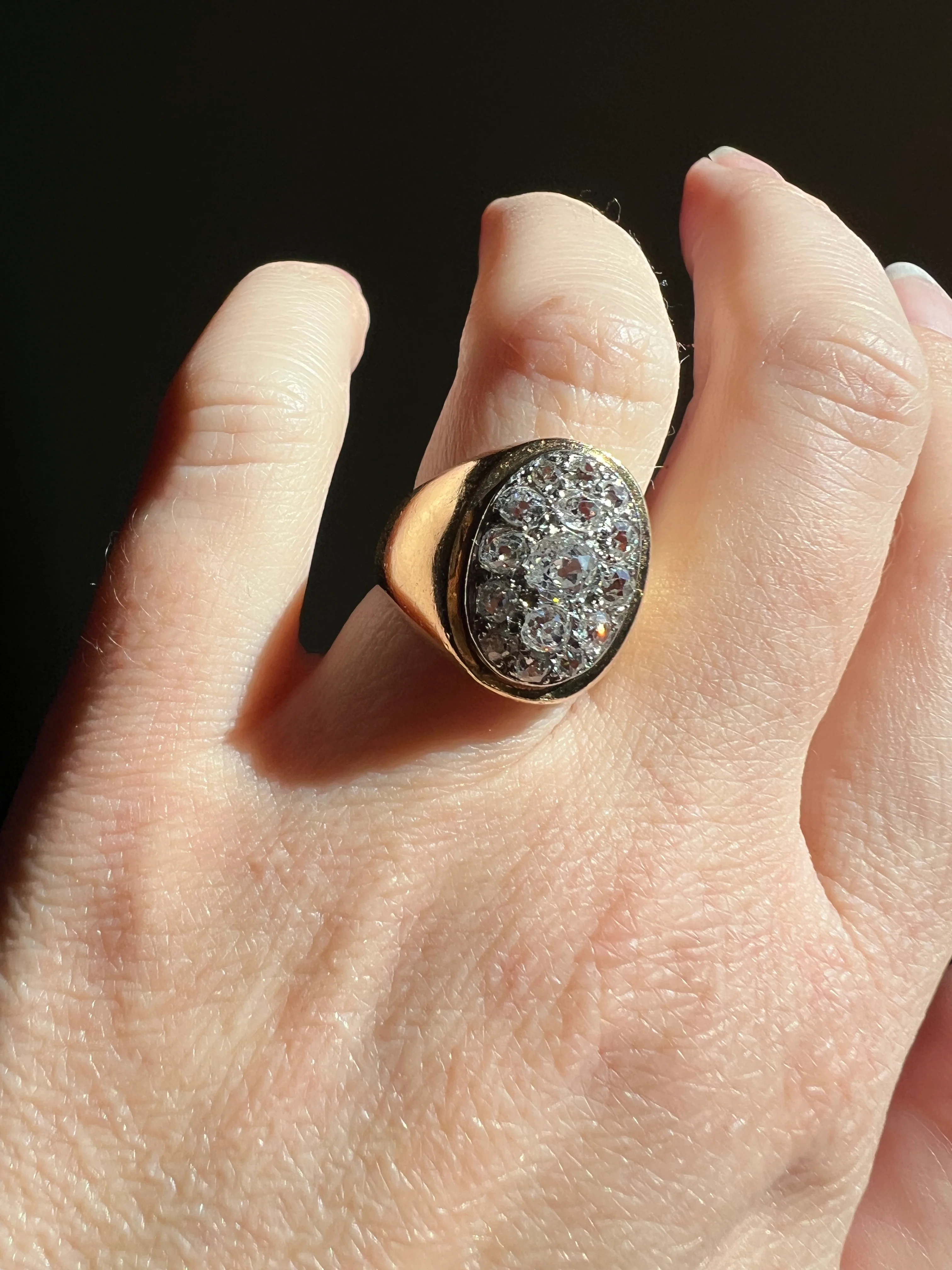 HEAVY 12g 18k Gold Antique CHUNKY Wide Band 1.6 CARAT Old Mine Cut DiAMONDS Ring French Cobblestone Cluster Ring Domed Oval Signet - Image 23