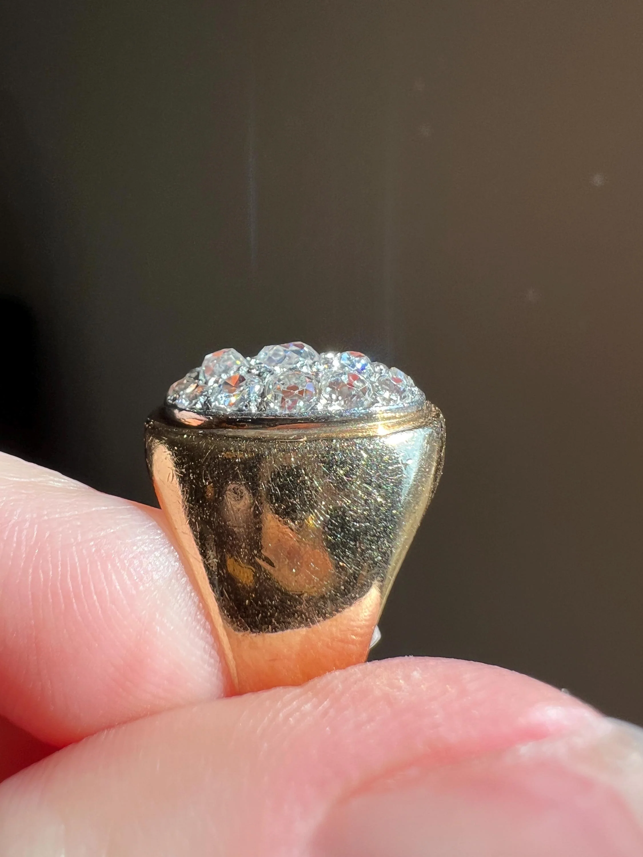 HEAVY 12g 18k Gold Antique CHUNKY Wide Band 1.6 CARAT Old Mine Cut DiAMONDS Ring French Cobblestone Cluster Ring Domed Oval Signet - Image 3