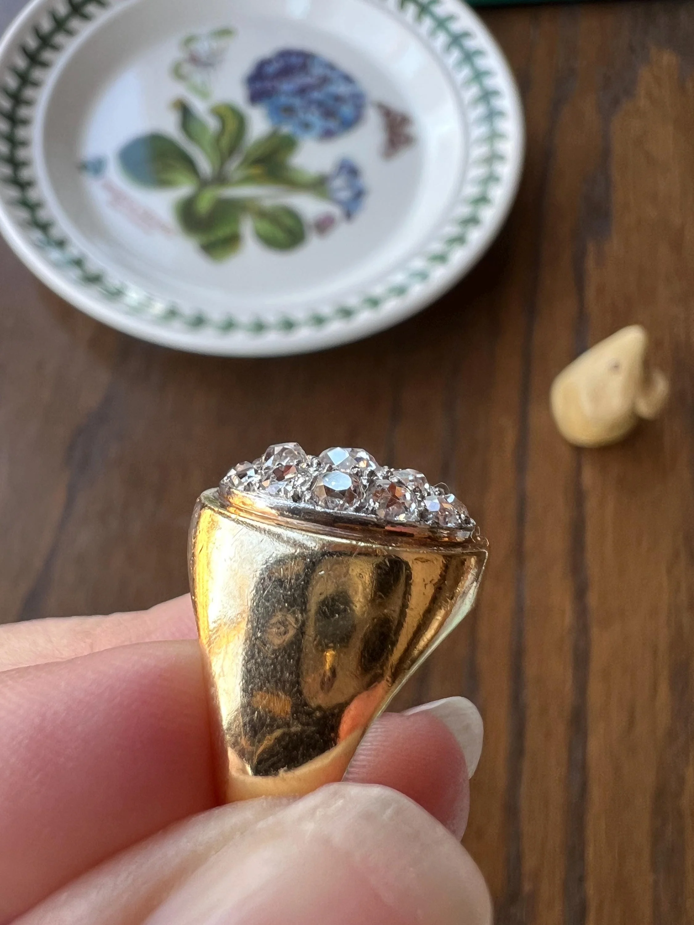 HEAVY 12g 18k Gold Antique CHUNKY Wide Band 1.6 CARAT Old Mine Cut DiAMONDS Ring French Cobblestone Cluster Ring Domed Oval Signet - Image 5