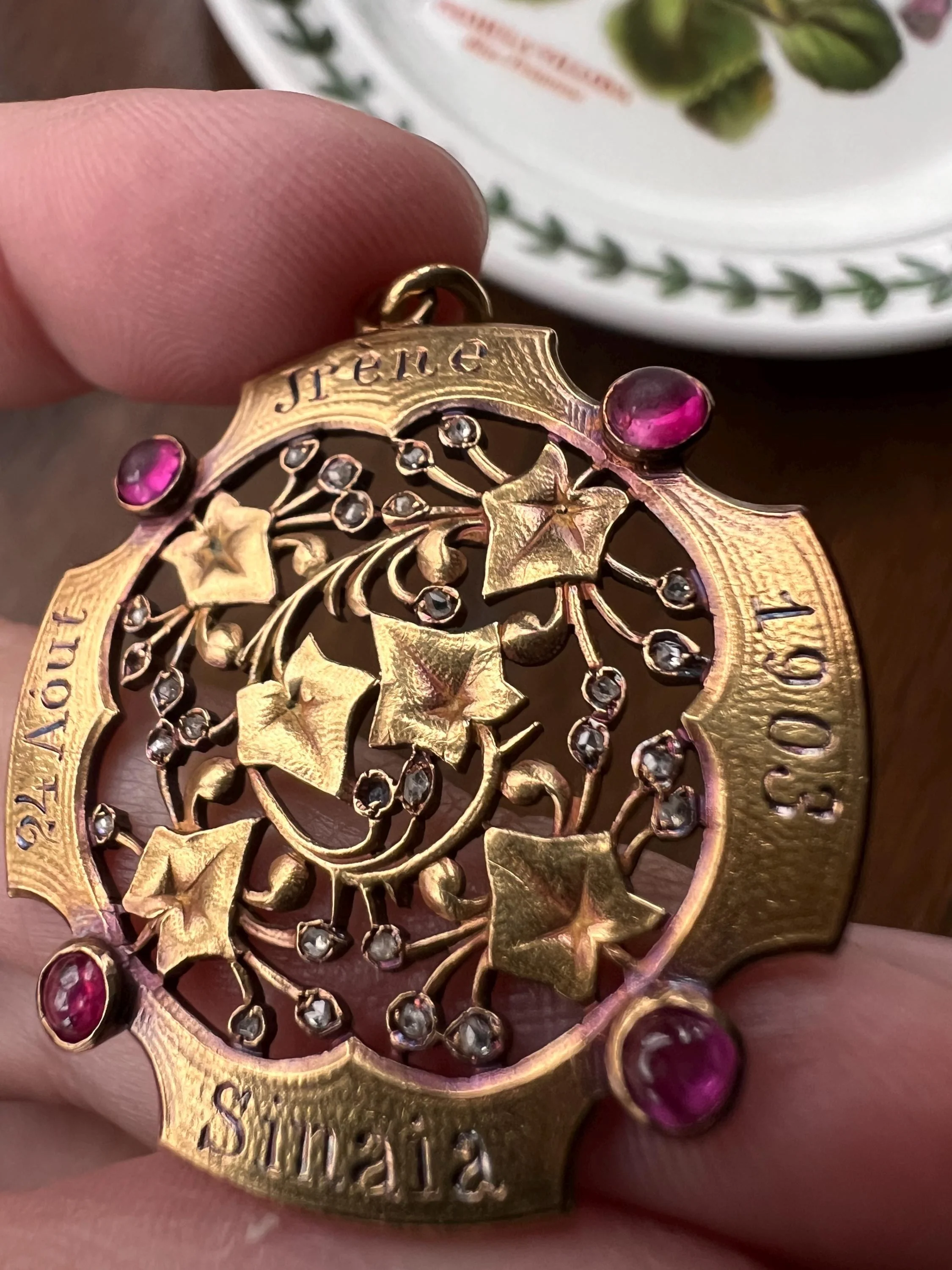 HEAVY Antique DATED 1903 IVY Rose Cut Diamond Ruby Figural Pendant Exceptional French Medallion 9g 18k Gold Solid - Image 5