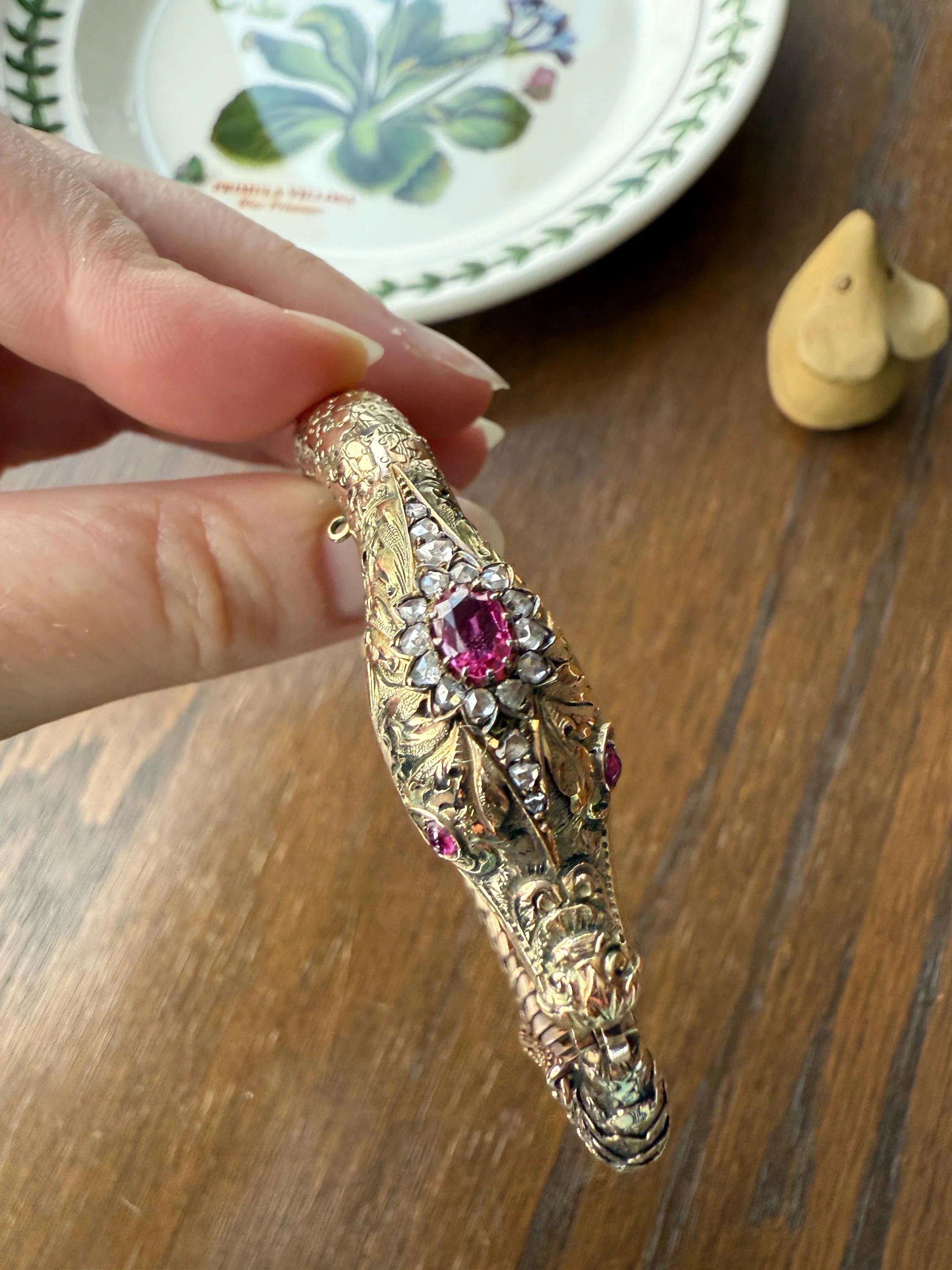 HEAVY ! Antique Ouroboros SNAKE Articulating Bracelet 43g 14k GOLD Chunky Teeth Ruby Eyes Head Rose Cut Diamond Halo Chunky Bangle Bracelet - Image 10