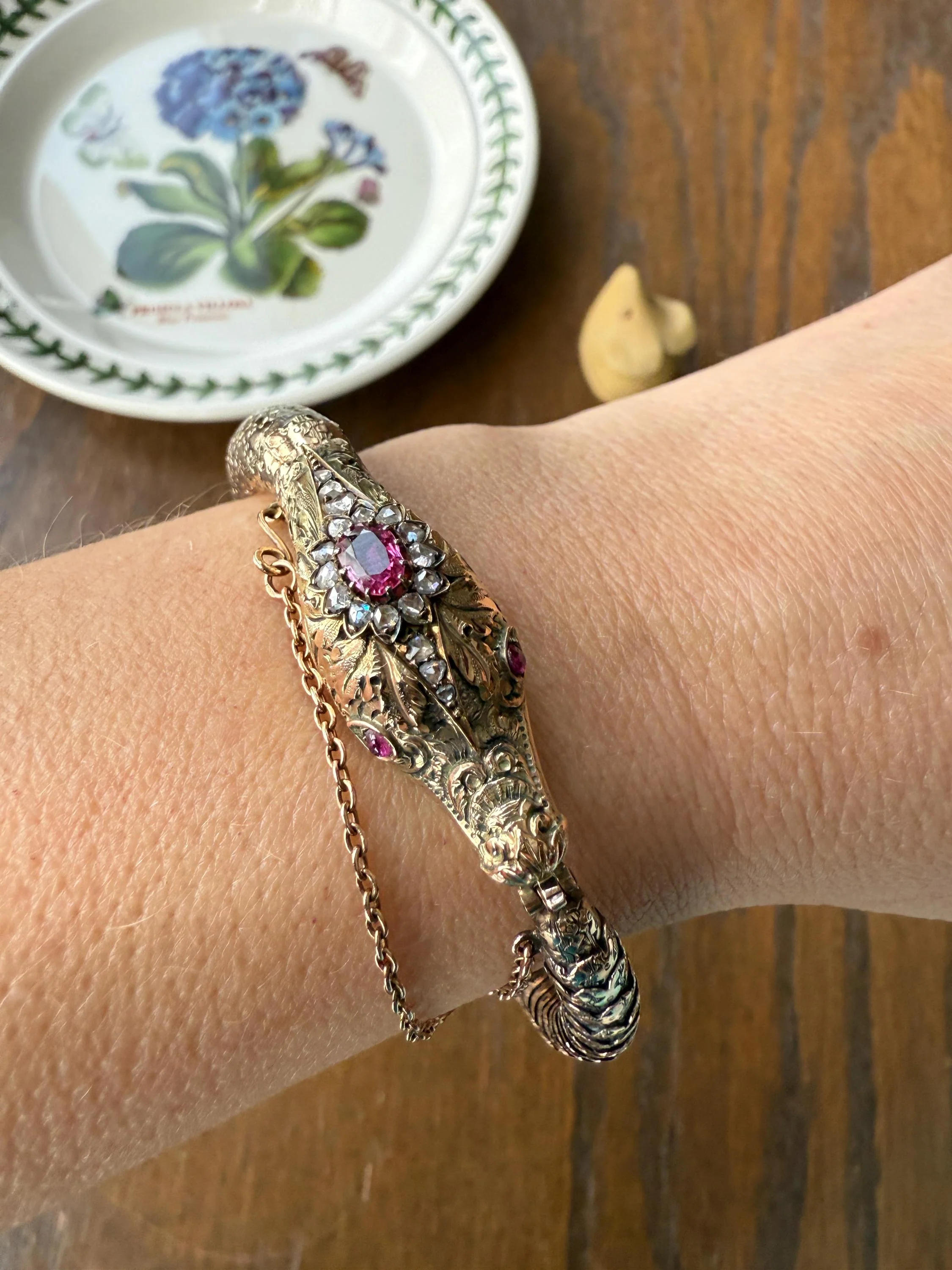 HEAVY ! Antique Ouroboros SNAKE Articulating Bracelet 43g 14k GOLD Chunky Teeth Ruby Eyes Head Rose Cut Diamond Halo Chunky Bangle Bracelet - Image 11