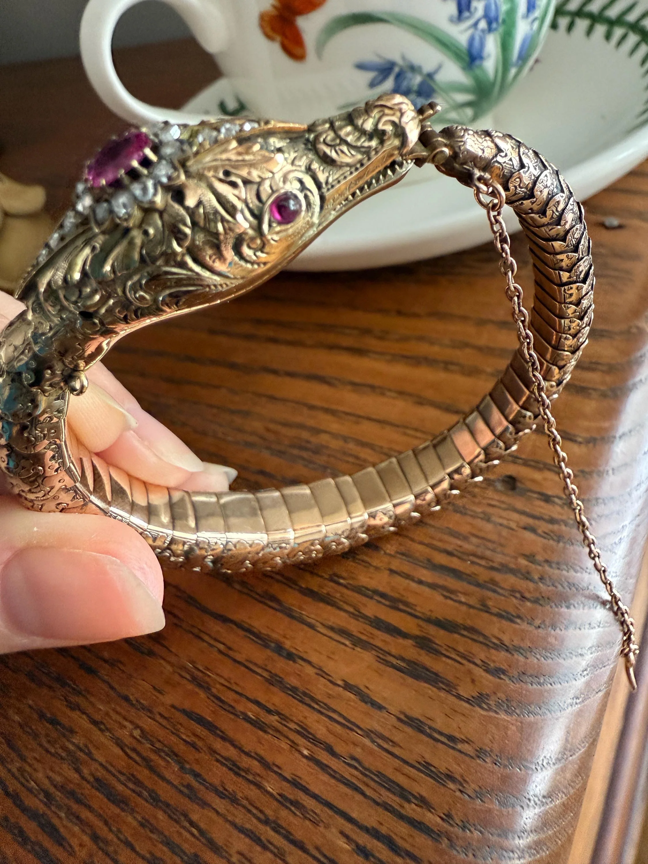 HEAVY ! Antique Ouroboros SNAKE Articulating Bracelet 43g 14k GOLD Chunky Teeth Ruby Eyes Head Rose Cut Diamond Halo Chunky Bangle Bracelet - Image 13