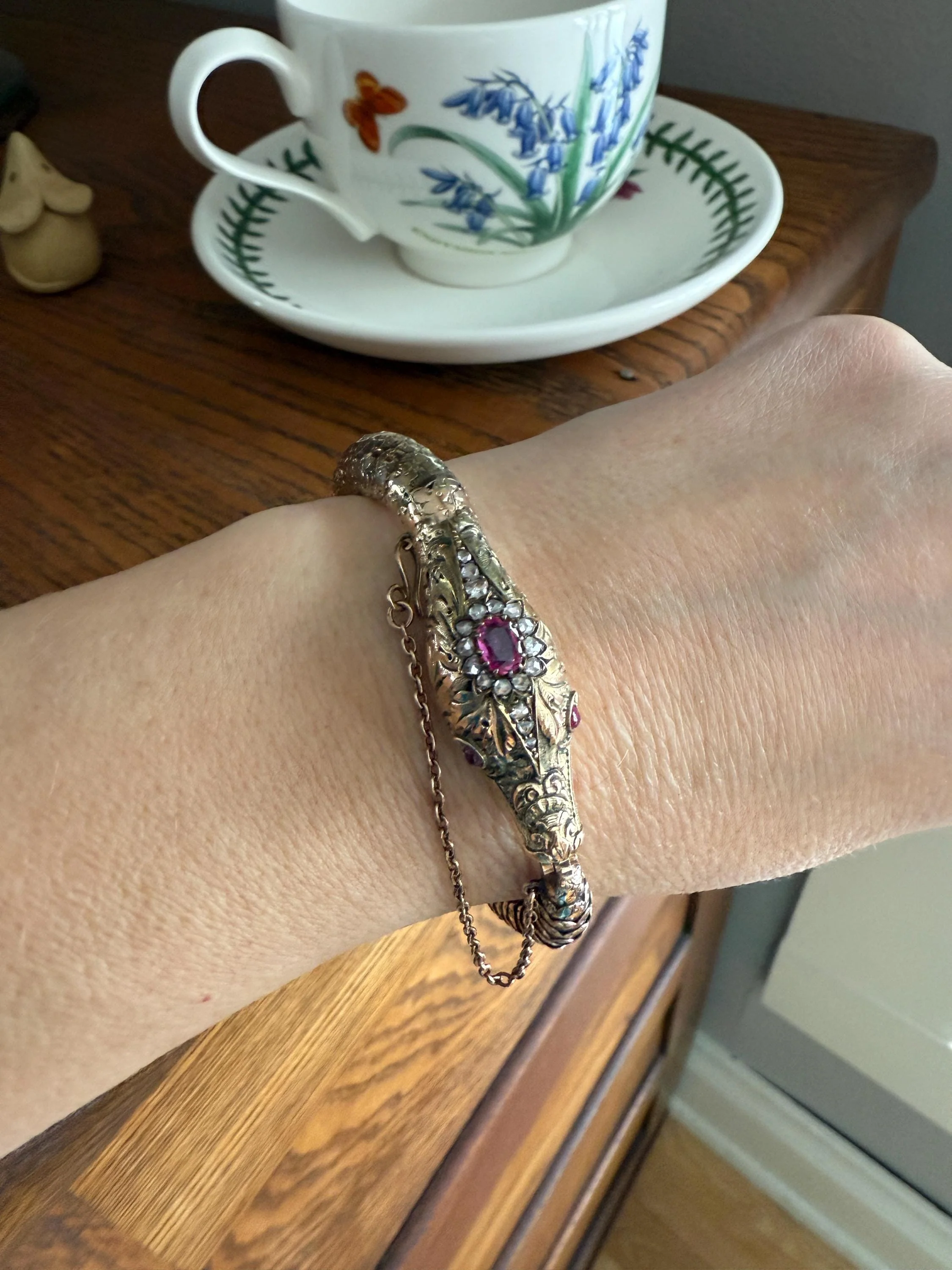 HEAVY ! Antique Ouroboros SNAKE Articulating Bracelet 43g 14k GOLD Chunky Teeth Ruby Eyes Head Rose Cut Diamond Halo Chunky Bangle Bracelet - Image 16