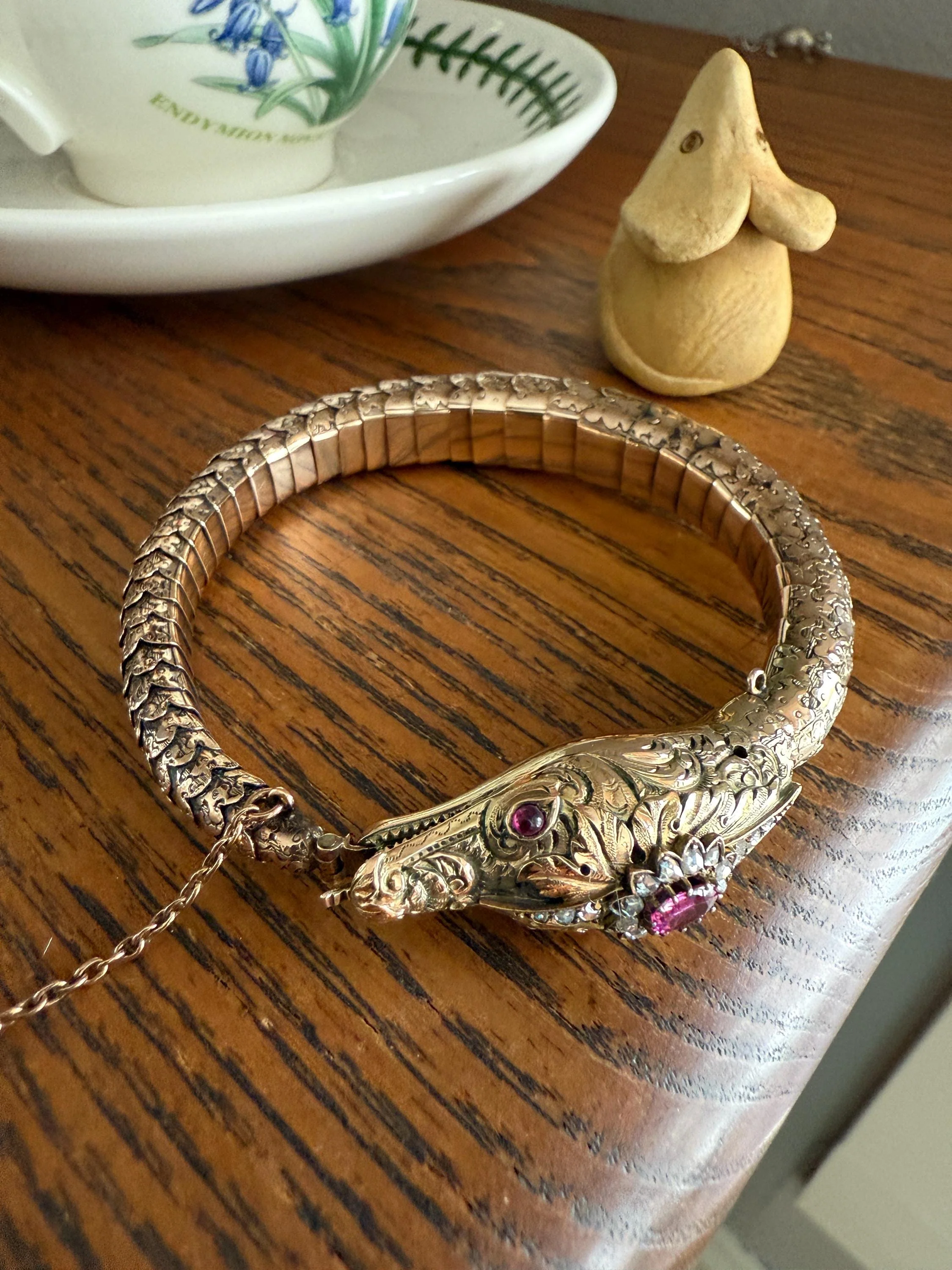 HEAVY ! Antique Ouroboros SNAKE Articulating Bracelet 43g 14k GOLD Chunky Teeth Ruby Eyes Head Rose Cut Diamond Halo Chunky Bangle Bracelet - Image 17