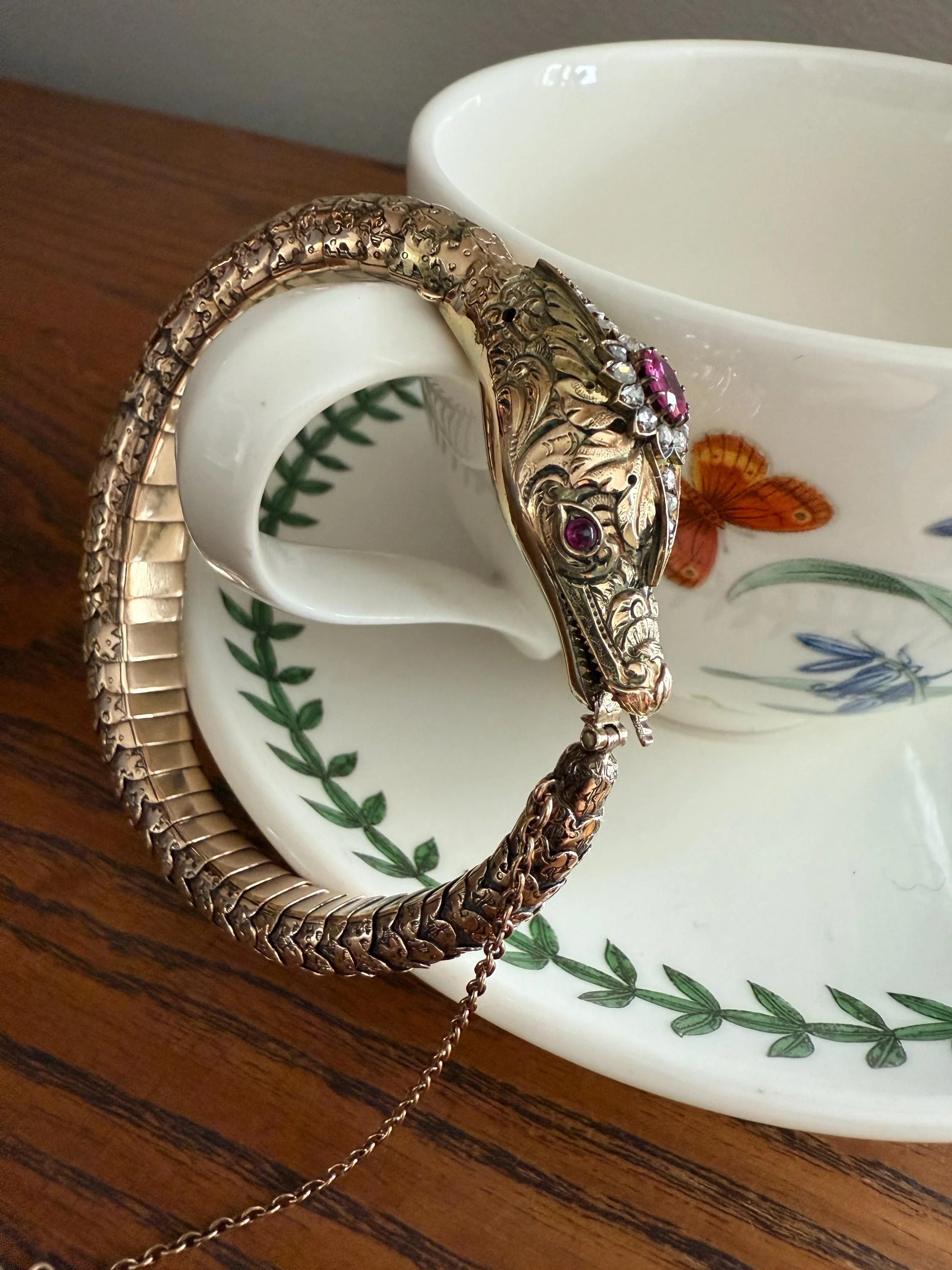 HEAVY ! Antique Ouroboros SNAKE Articulating Bracelet 43g 14k GOLD Chunky Teeth Ruby Eyes Head Rose Cut Diamond Halo Chunky Bangle Bracelet - Image 18
