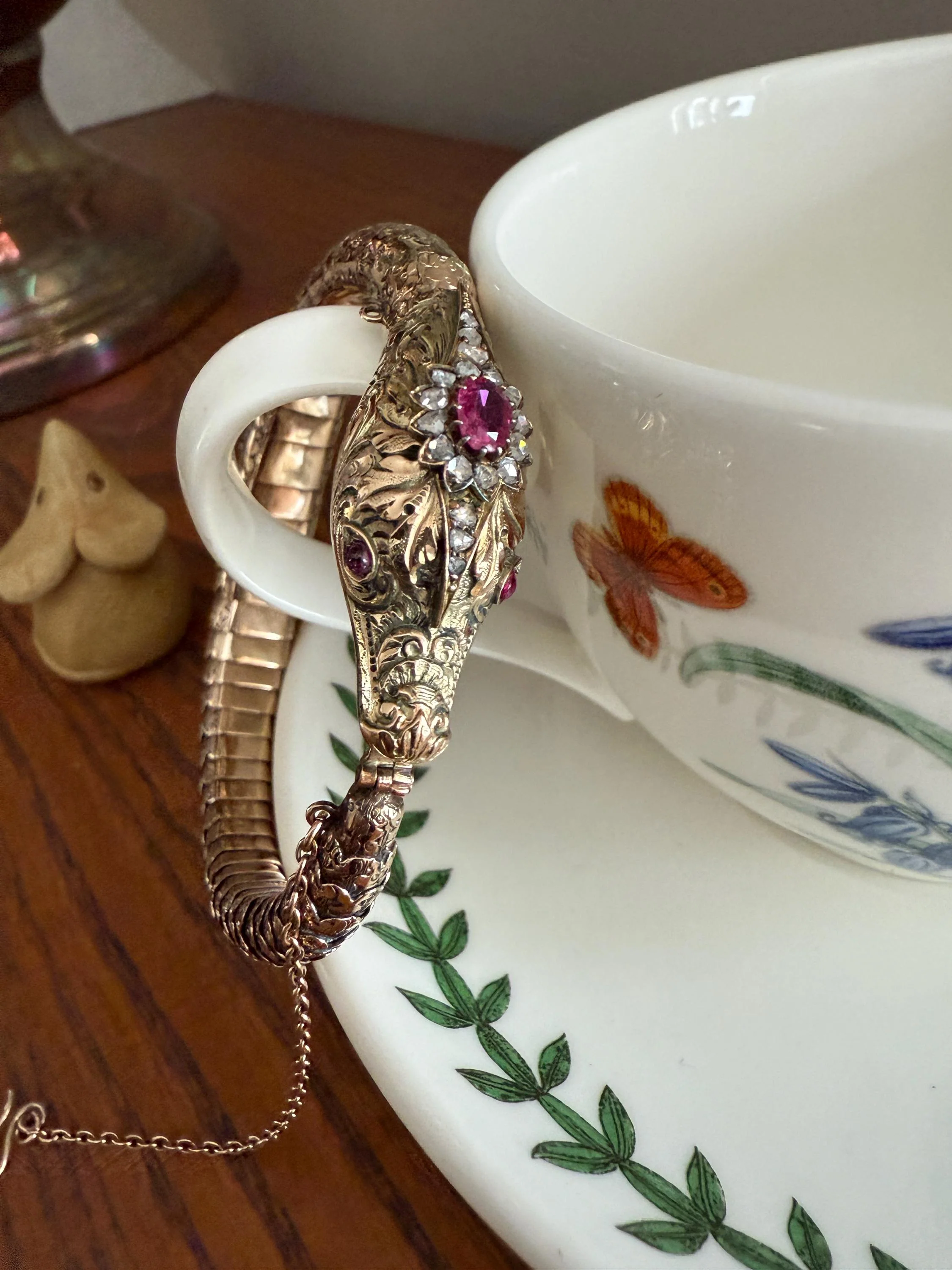 HEAVY ! Antique Ouroboros SNAKE Articulating Bracelet 43g 14k GOLD Chunky Teeth Ruby Eyes Head Rose Cut Diamond Halo Chunky Bangle Bracelet - Image 19