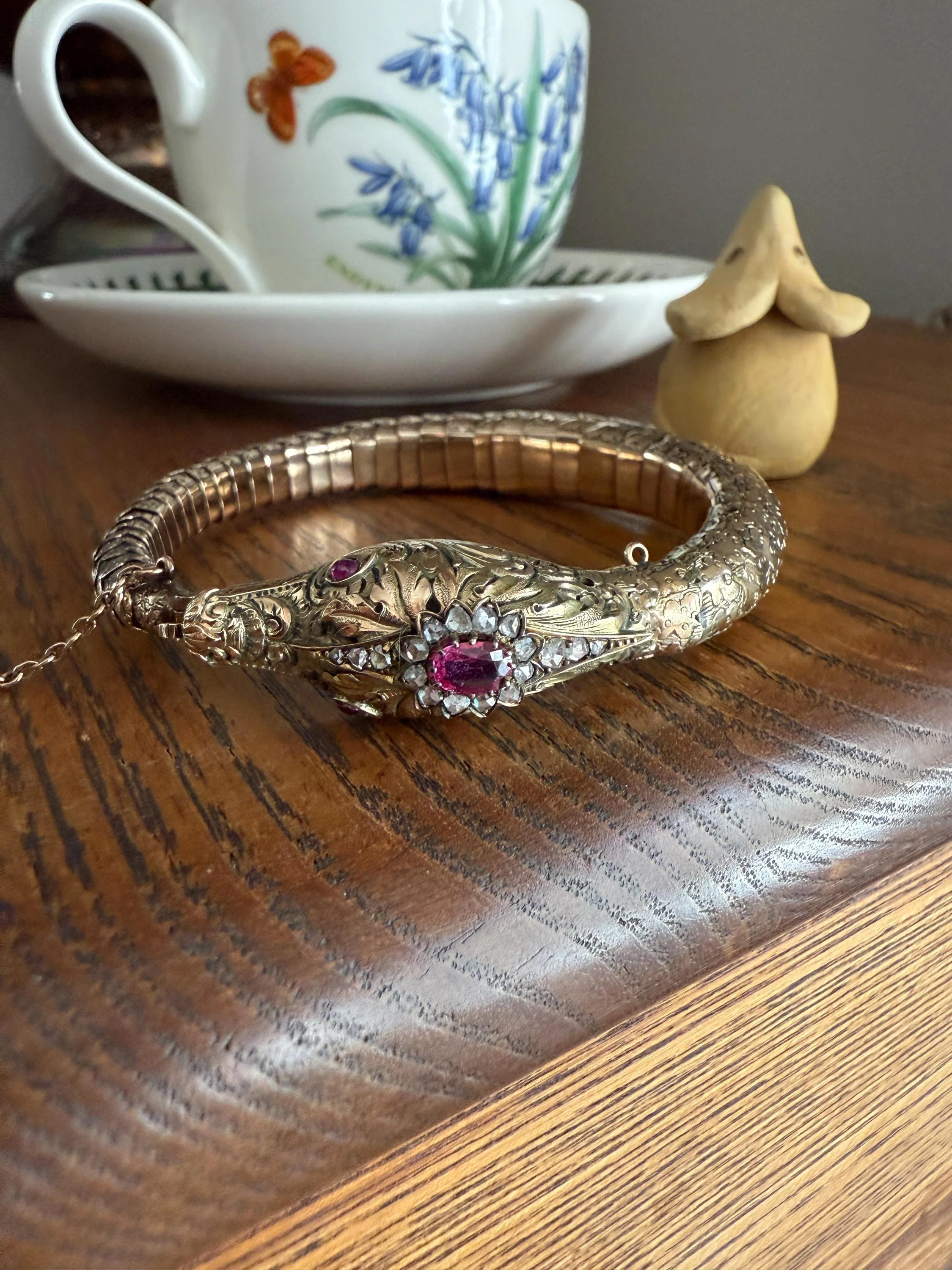 HEAVY ! Antique Ouroboros SNAKE Articulating Bracelet 43g 14k GOLD Chunky Teeth Ruby Eyes Head Rose Cut Diamond Halo Chunky Bangle Bracelet - Image 2