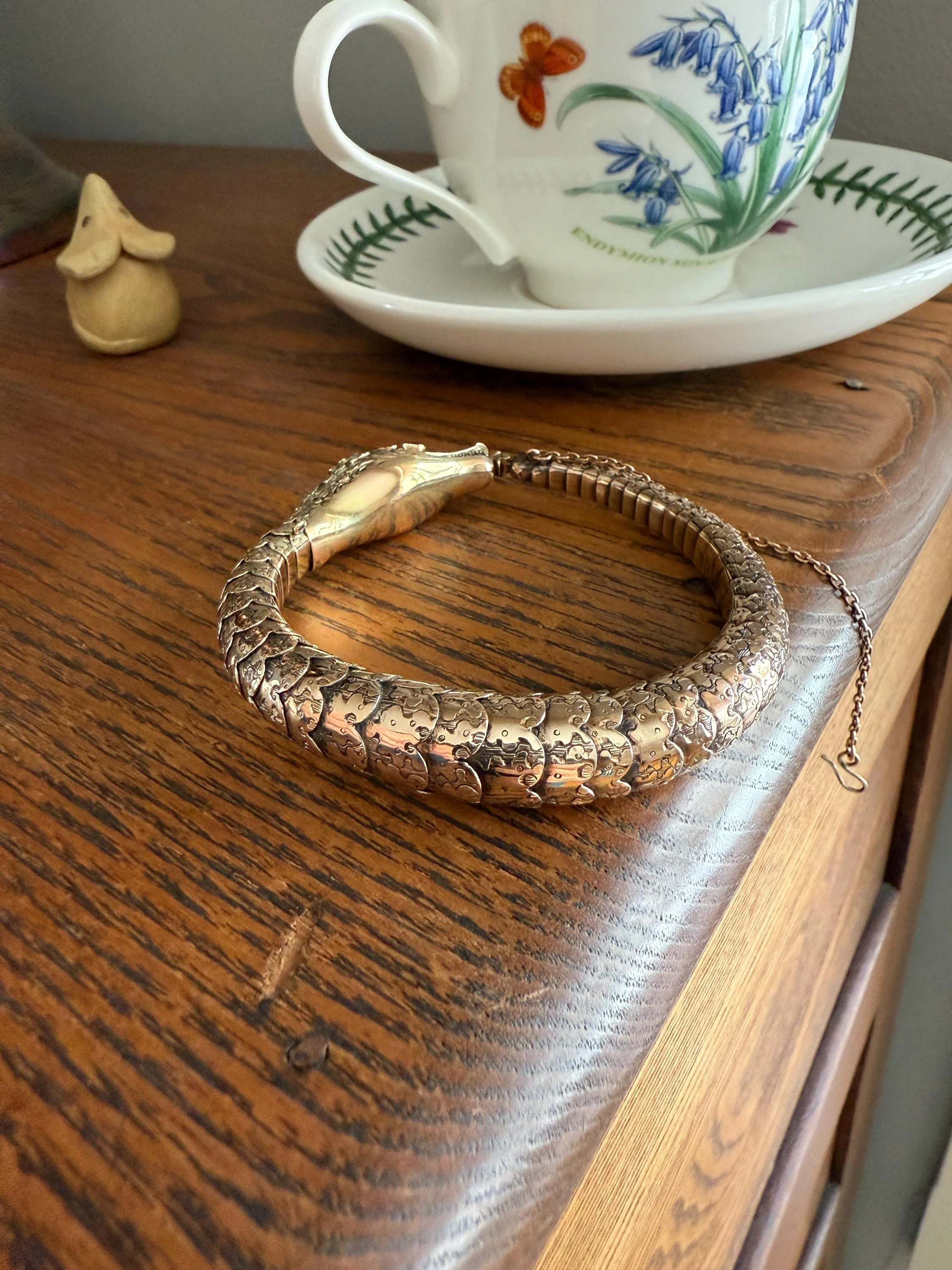 HEAVY ! Antique Ouroboros SNAKE Articulating Bracelet 43g 14k GOLD Chunky Teeth Ruby Eyes Head Rose Cut Diamond Halo Chunky Bangle Bracelet - Image 3