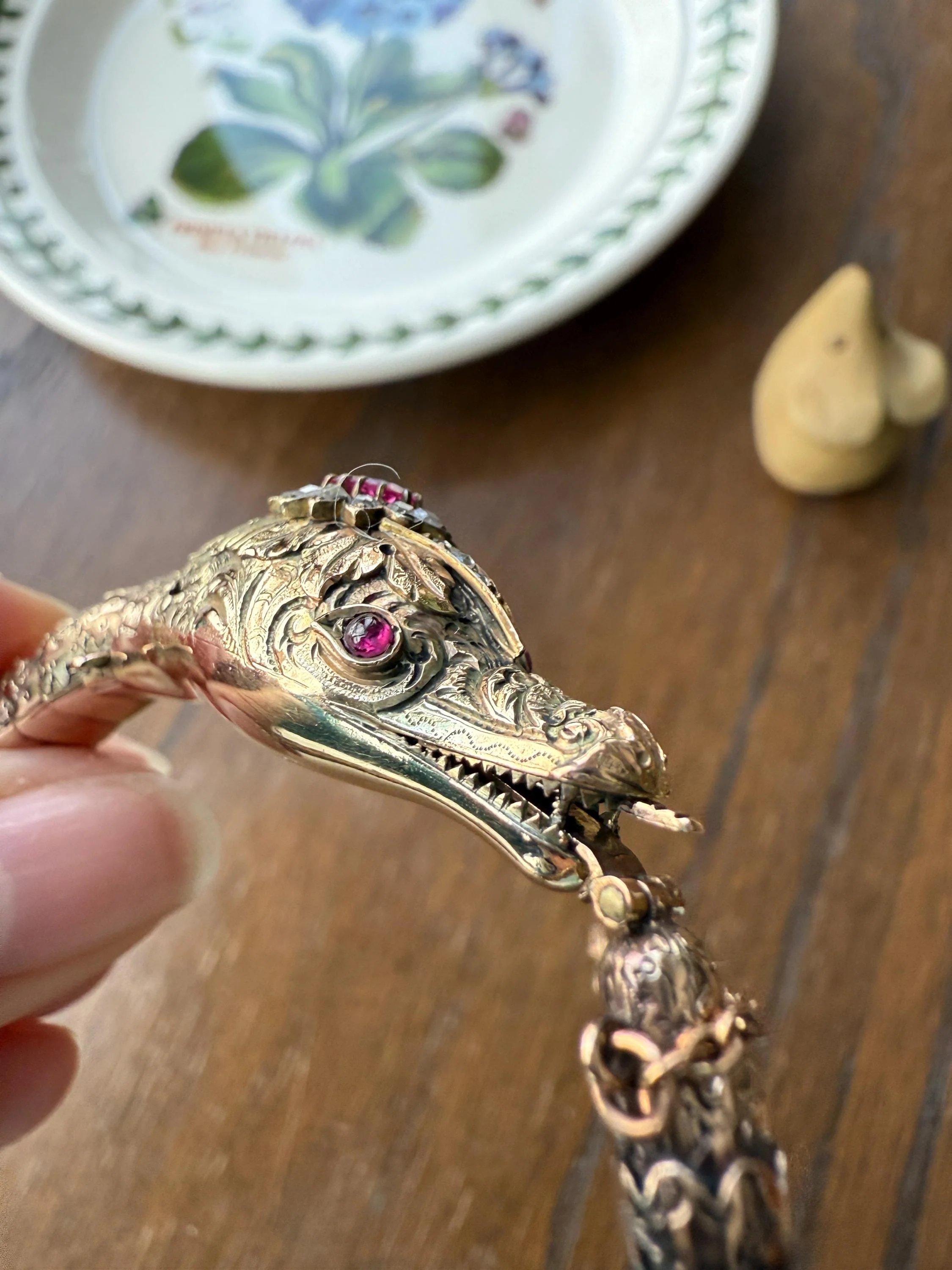 HEAVY ! Antique Ouroboros SNAKE Articulating Bracelet 43g 14k GOLD Chunky Teeth Ruby Eyes Head Rose Cut Diamond Halo Chunky Bangle Bracelet - Image 4