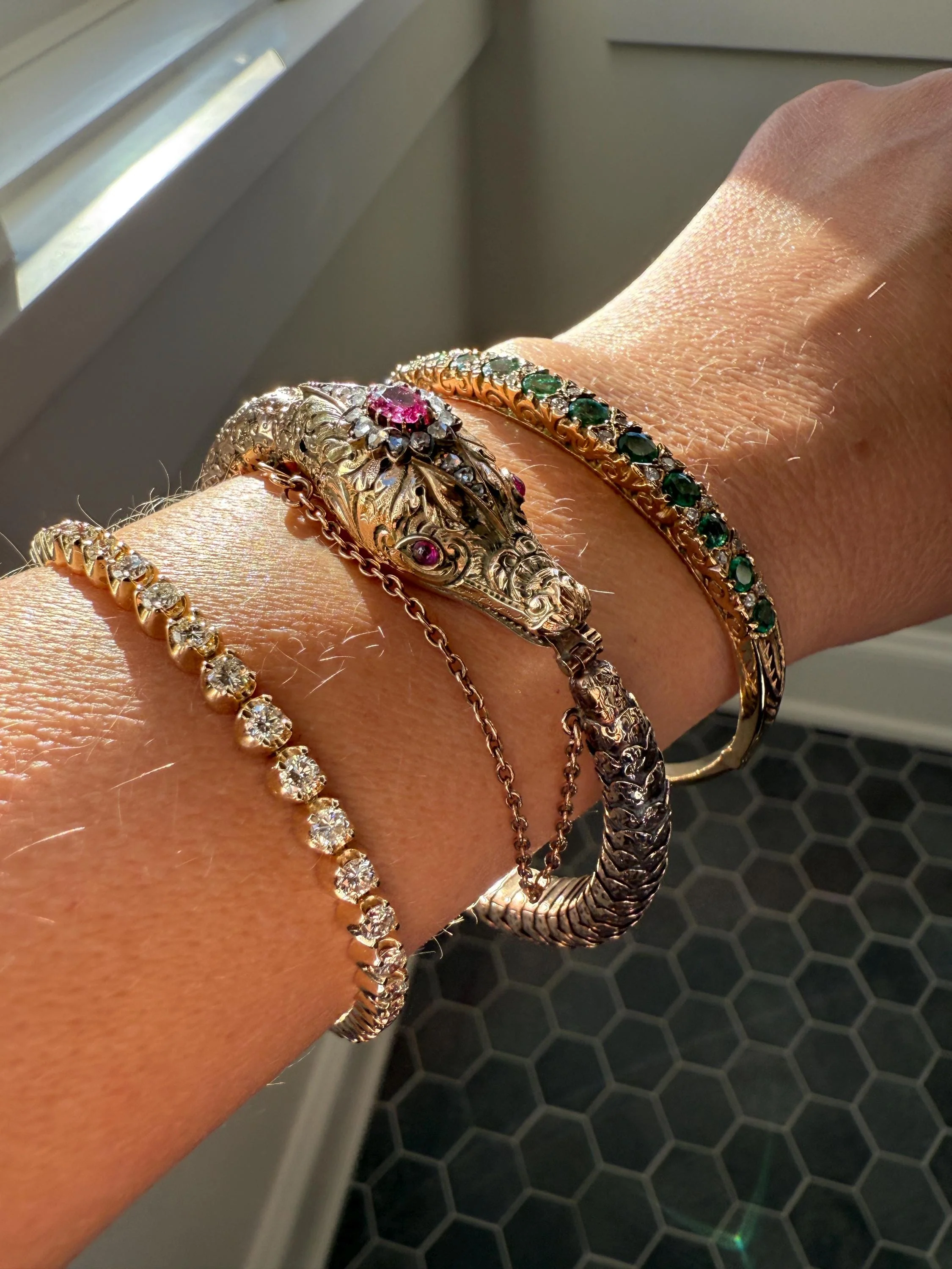 HEAVY ! Antique Ouroboros SNAKE Articulating Bracelet 43g 14k GOLD Chunky Teeth Ruby Eyes Head Rose Cut Diamond Halo Chunky Bangle Bracelet - Image 5
