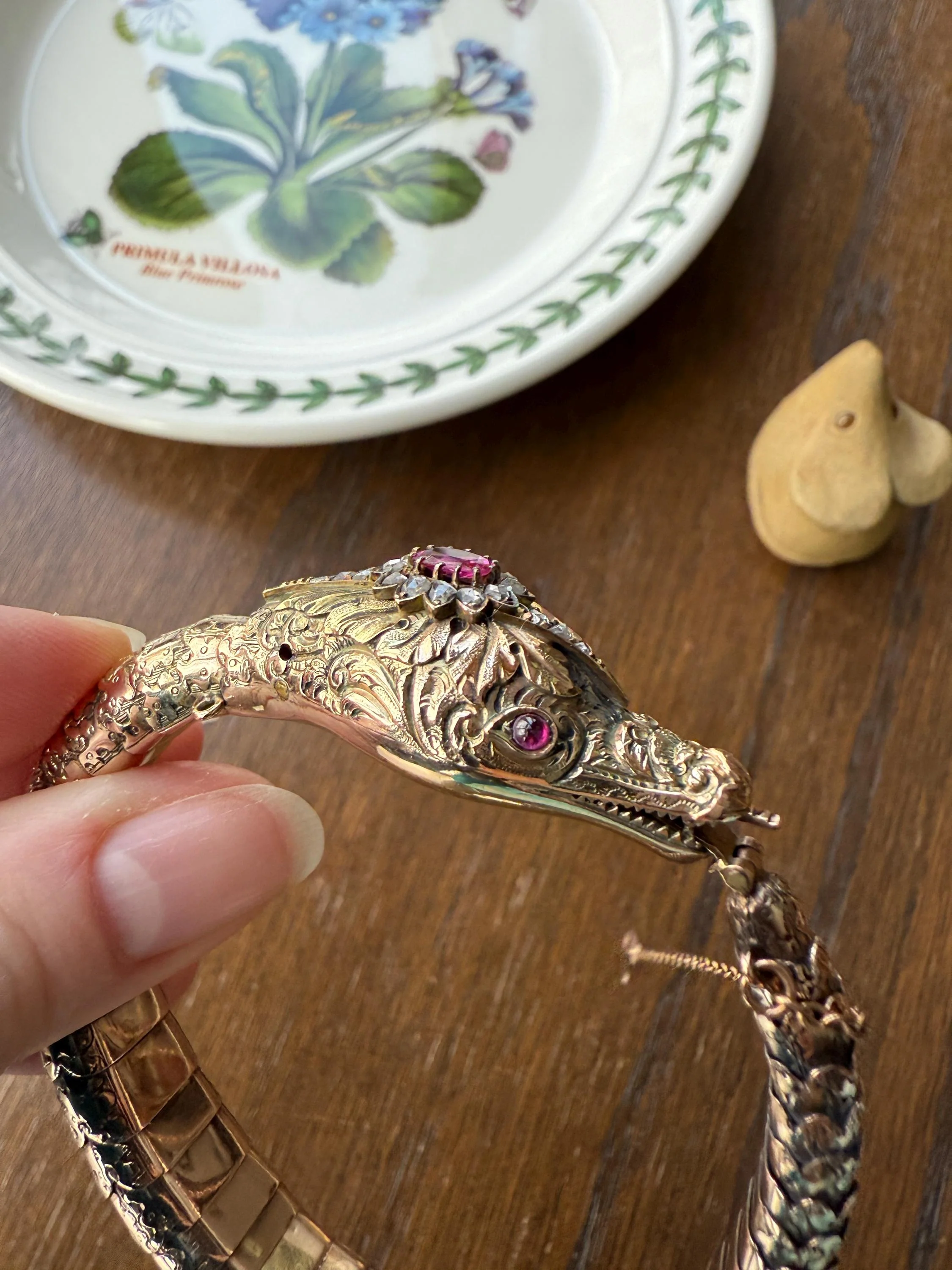 HEAVY ! Antique Ouroboros SNAKE Articulating Bracelet 43g 14k GOLD Chunky Teeth Ruby Eyes Head Rose Cut Diamond Halo Chunky Bangle Bracelet - Image 6