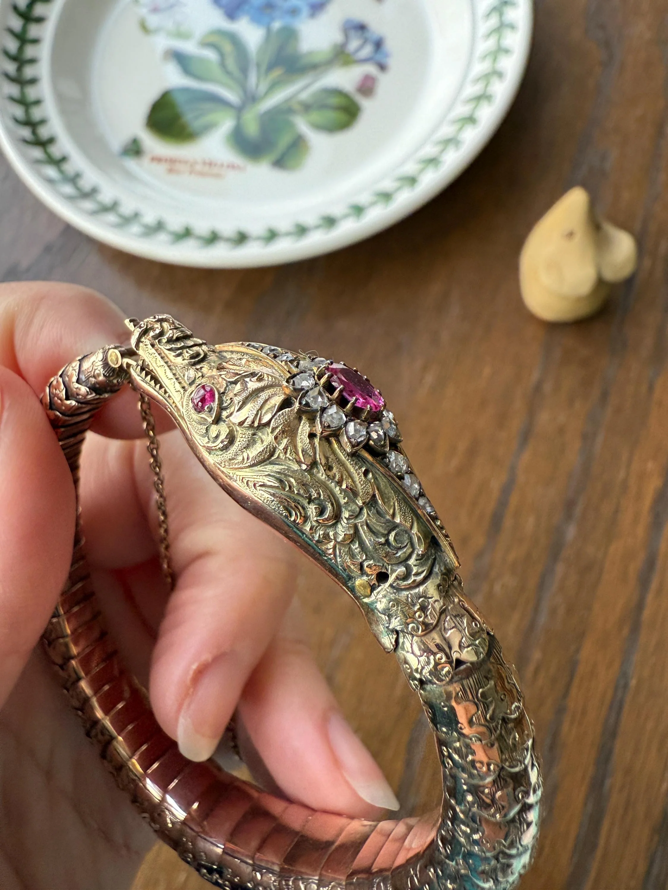 HEAVY ! Antique Ouroboros SNAKE Articulating Bracelet 43g 14k GOLD Chunky Teeth Ruby Eyes Head Rose Cut Diamond Halo Chunky Bangle Bracelet - Image 7