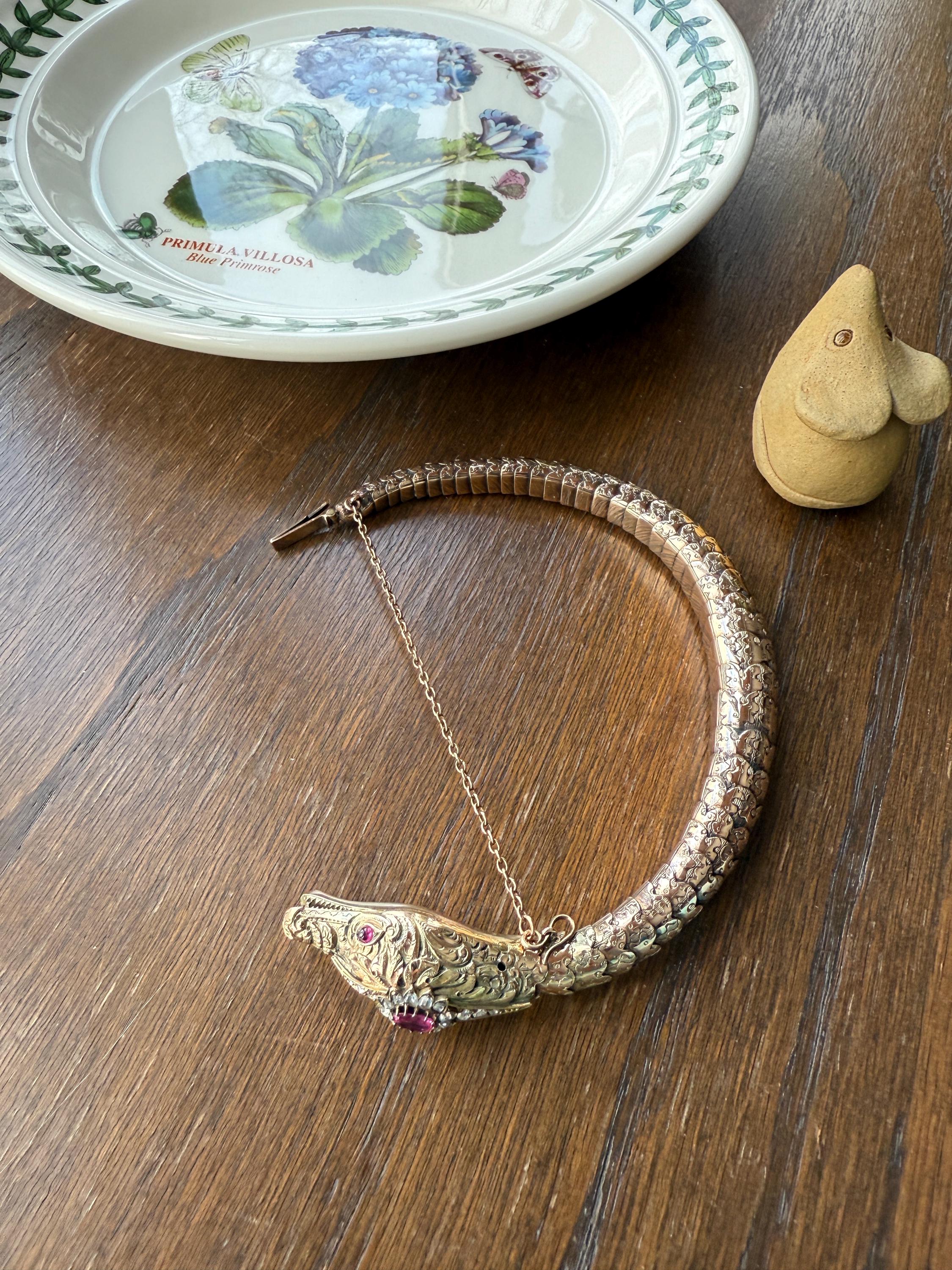 HEAVY ! Antique Ouroboros SNAKE Articulating Bracelet 43g 14k GOLD Chunky Teeth Ruby Eyes Head Rose Cut Diamond Halo Chunky Bangle Bracelet - Image 9