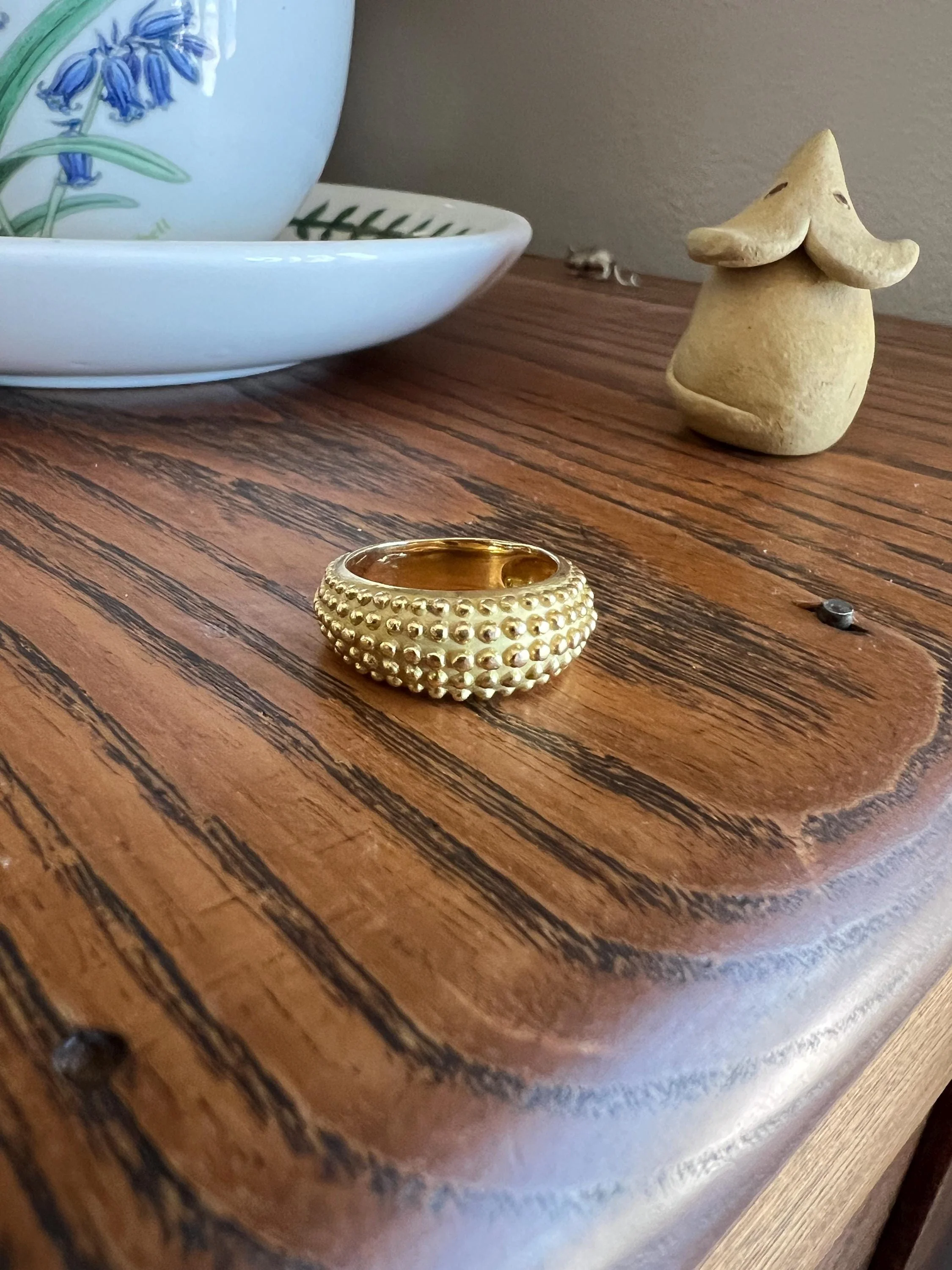 Heavy Ball Rivet Domed Band French Beaded 18k Gold Ring Satin & Shine Chunky Bombe Stacker Glowing 360 Texture Layering - Image 11