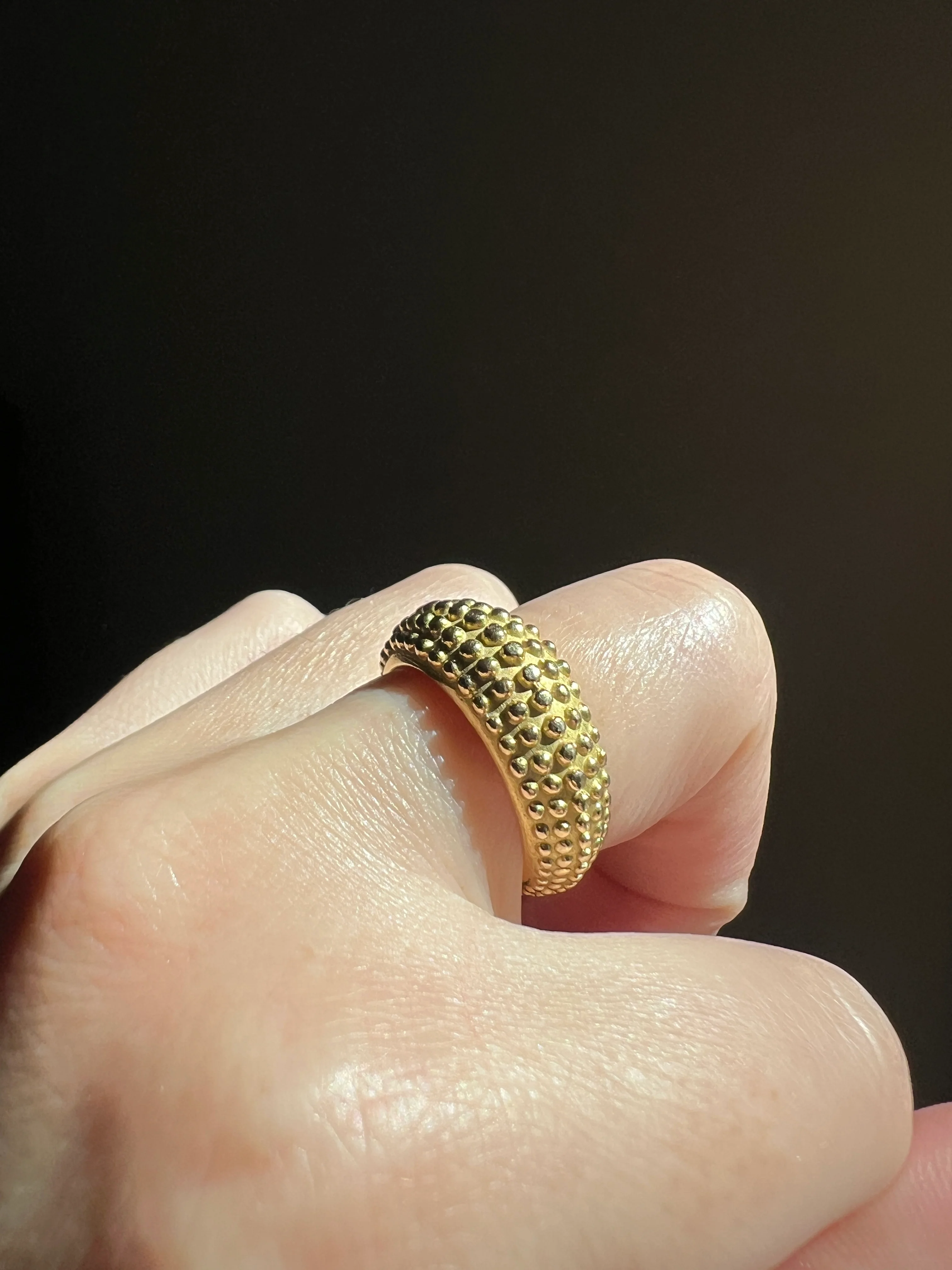 Heavy Ball Rivet Domed Band French Beaded 18k Gold Ring Satin & Shine Chunky Bombe Stacker Glowing 360 Texture Layering - Image 12