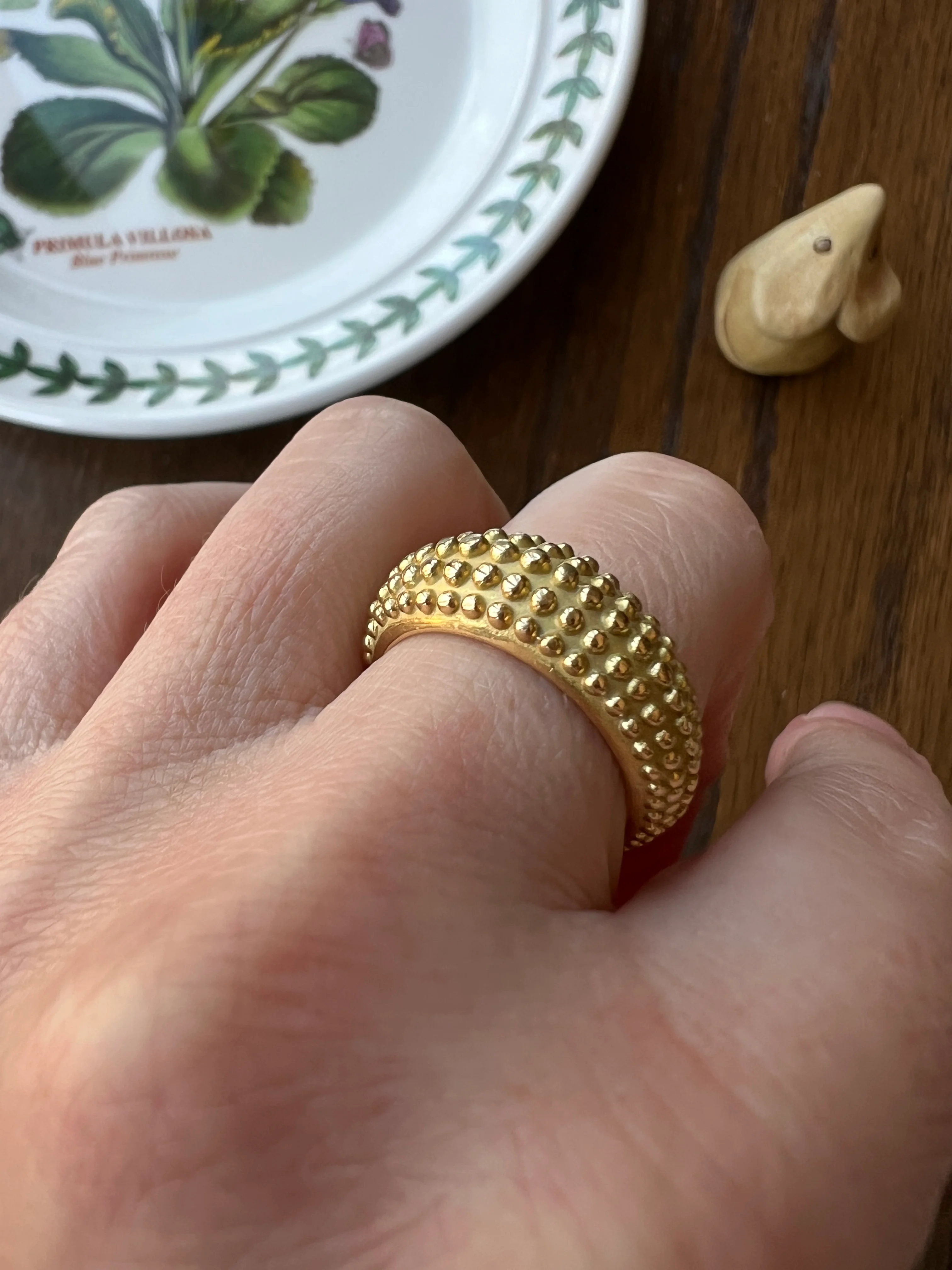 Heavy Ball Rivet Domed Band French Beaded 18k Gold Ring Satin & Shine Chunky Bombe Stacker Glowing 360 Texture Layering - Image 15