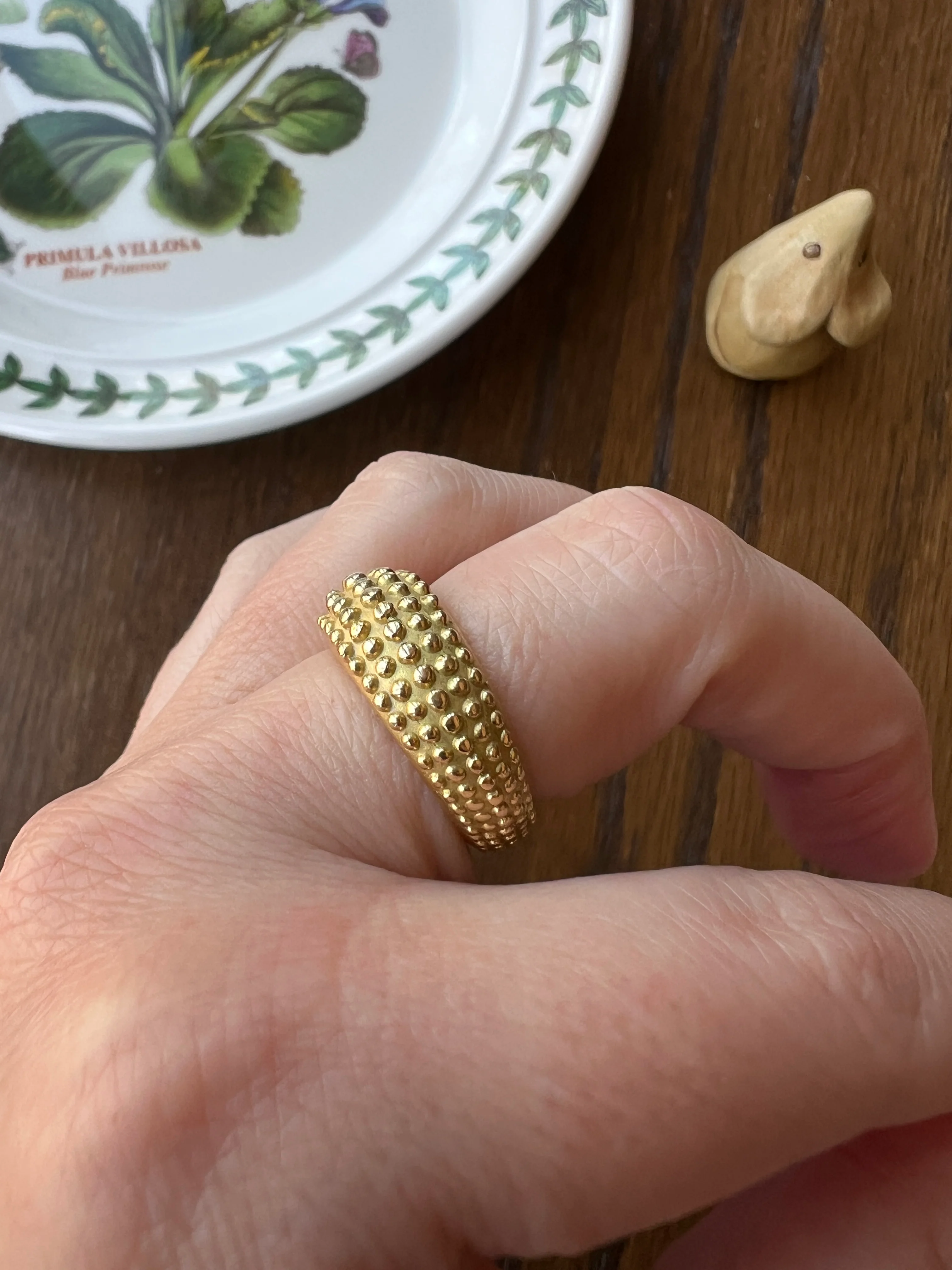 Heavy Ball Rivet Domed Band French Beaded 18k Gold Ring Satin & Shine Chunky Bombe Stacker Glowing 360 Texture Layering - Image 16