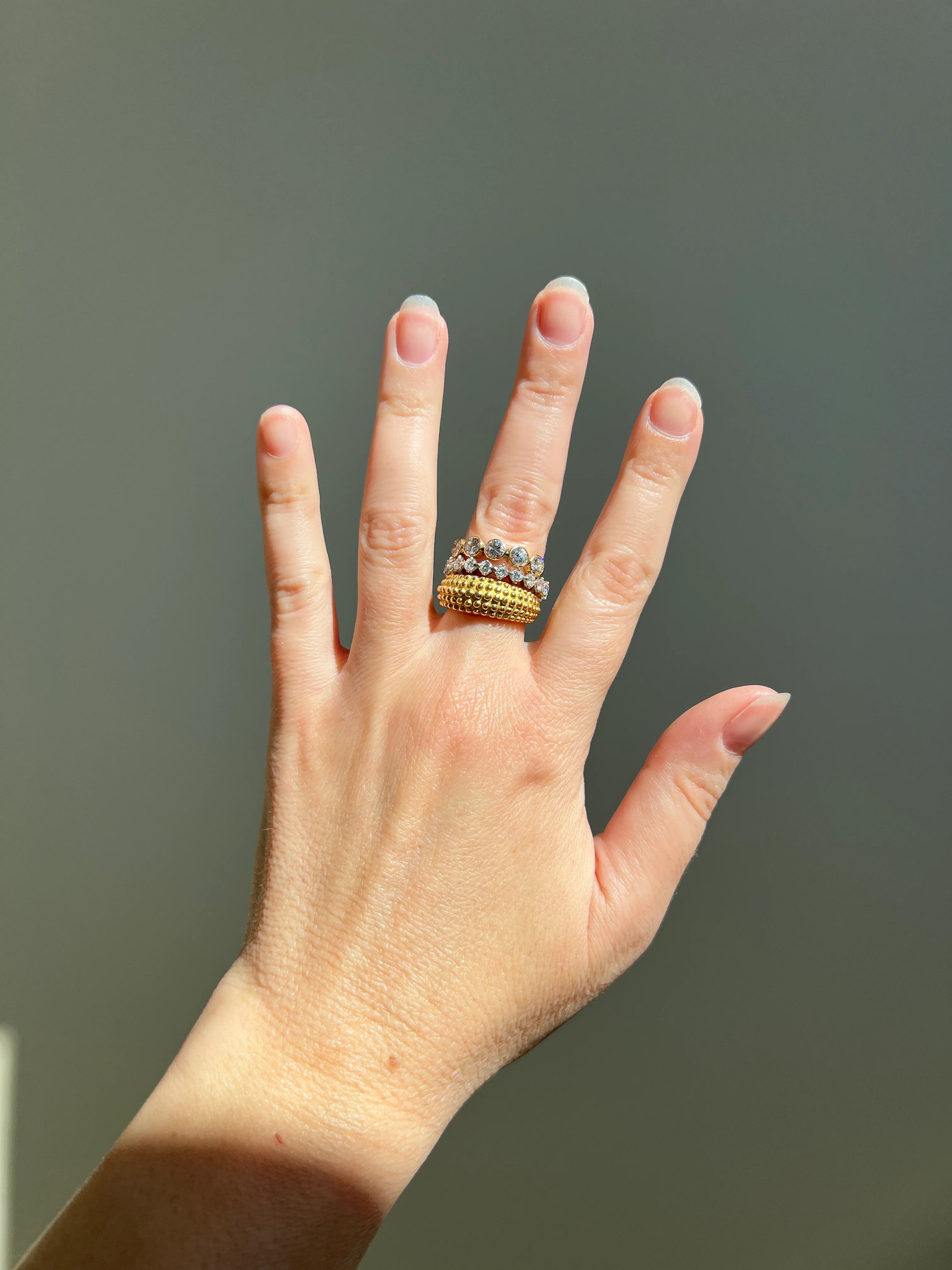 Heavy Ball Rivet Domed Band French Beaded 18k Gold Ring Satin & Shine Chunky Bombe Stacker Glowing 360 Texture Layering - Image 18