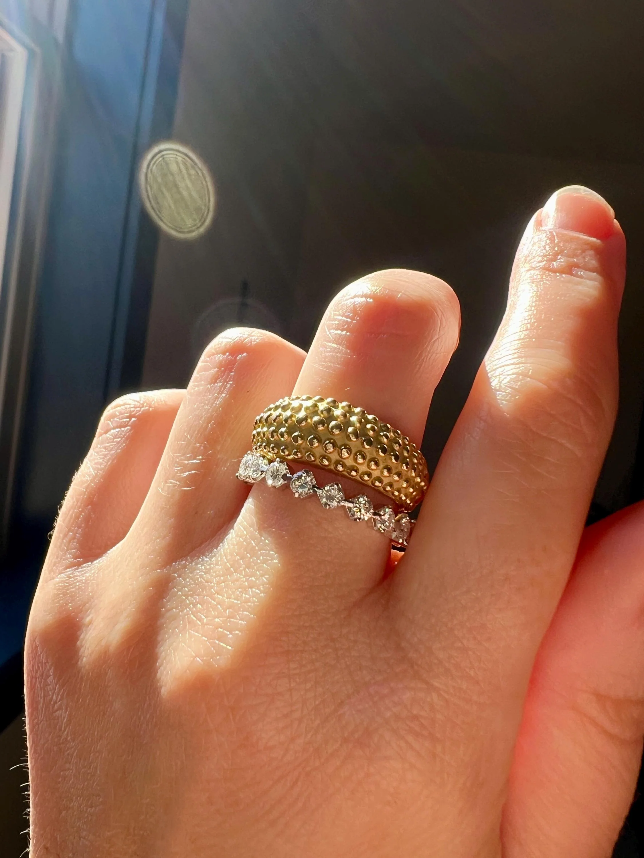 Heavy Ball Rivet Domed Band French Beaded 18k Gold Ring Satin & Shine Chunky Bombe Stacker Glowing 360 Texture Layering - Image 2