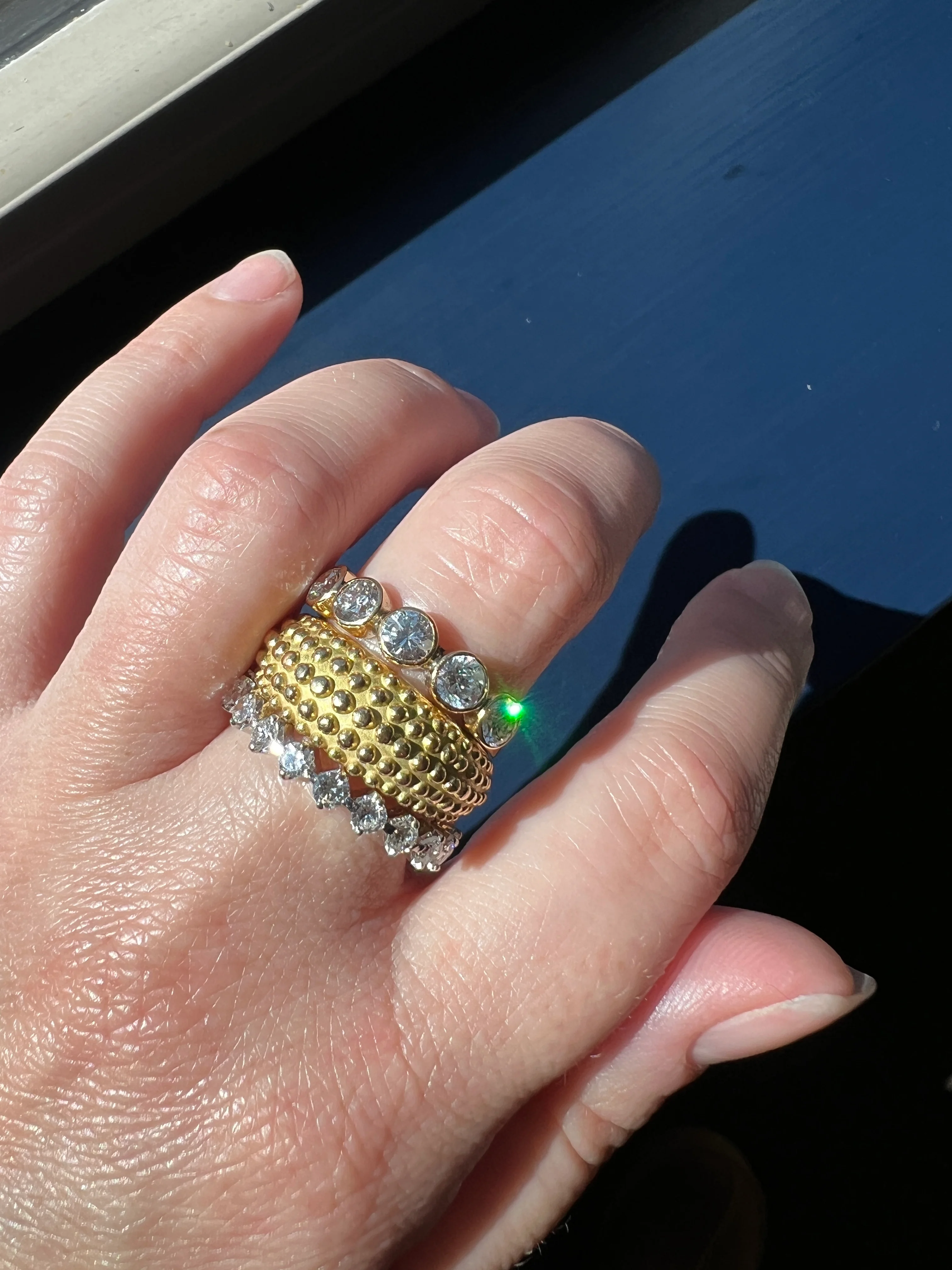 Heavy Ball Rivet Domed Band French Beaded 18k Gold Ring Satin & Shine Chunky Bombe Stacker Glowing 360 Texture Layering - Image 21
