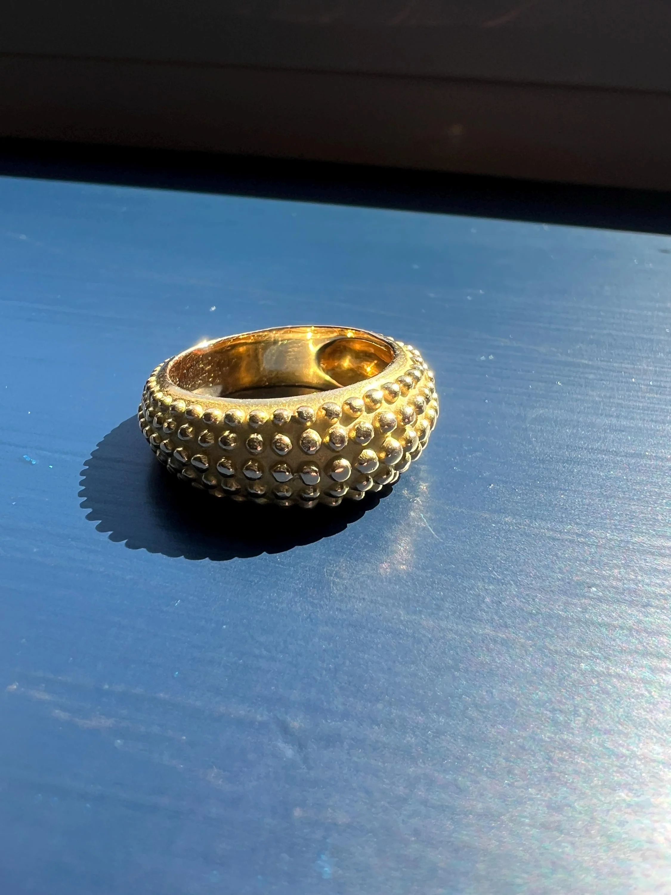 Heavy Ball Rivet Domed Band French Beaded 18k Gold Ring Satin & Shine Chunky Bombe Stacker Glowing 360 Texture Layering - Image 3