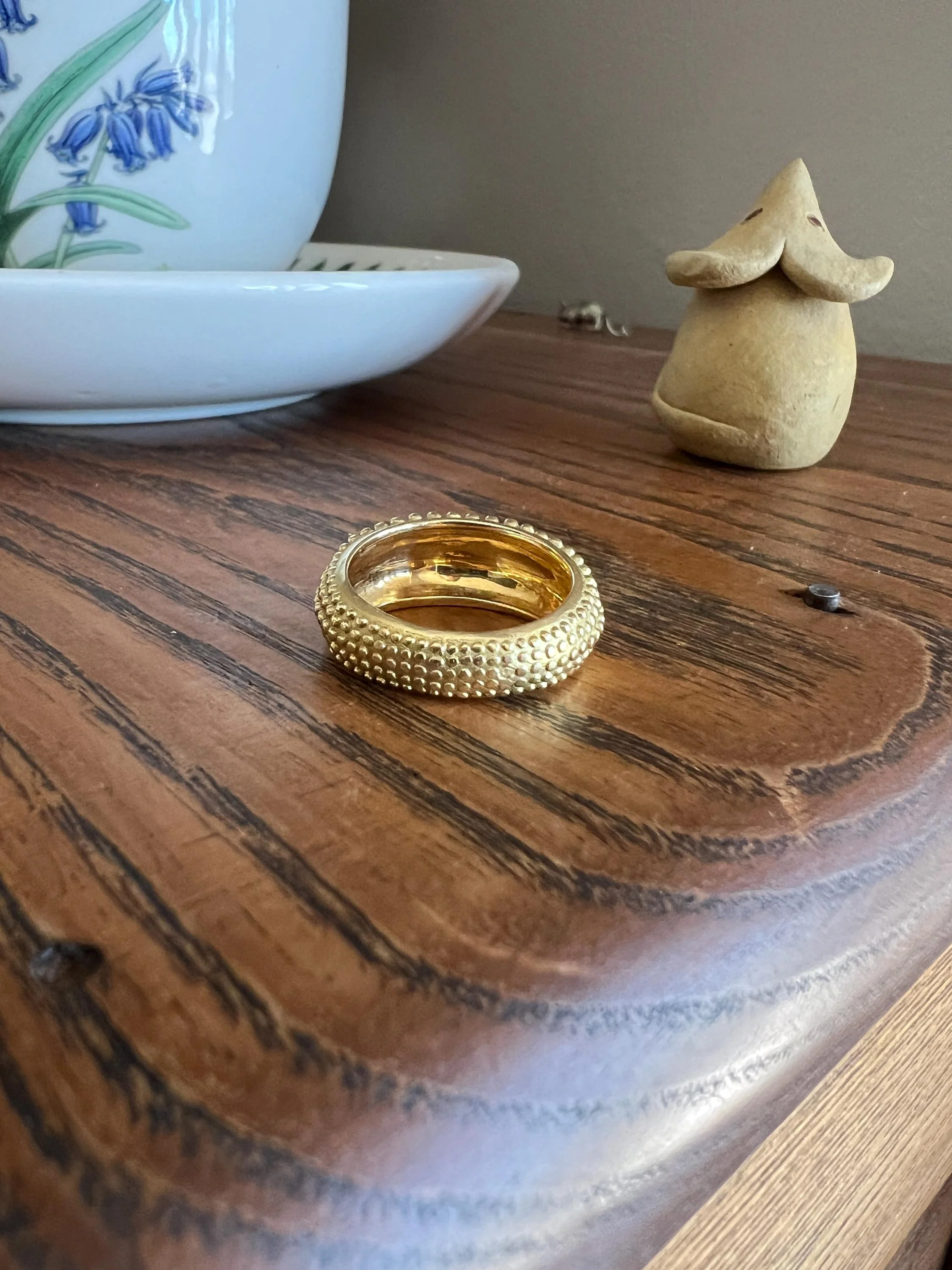 Heavy Ball Rivet Domed Band French Beaded 18k Gold Ring Satin & Shine Chunky Bombe Stacker Glowing 360 Texture Layering - Image 5