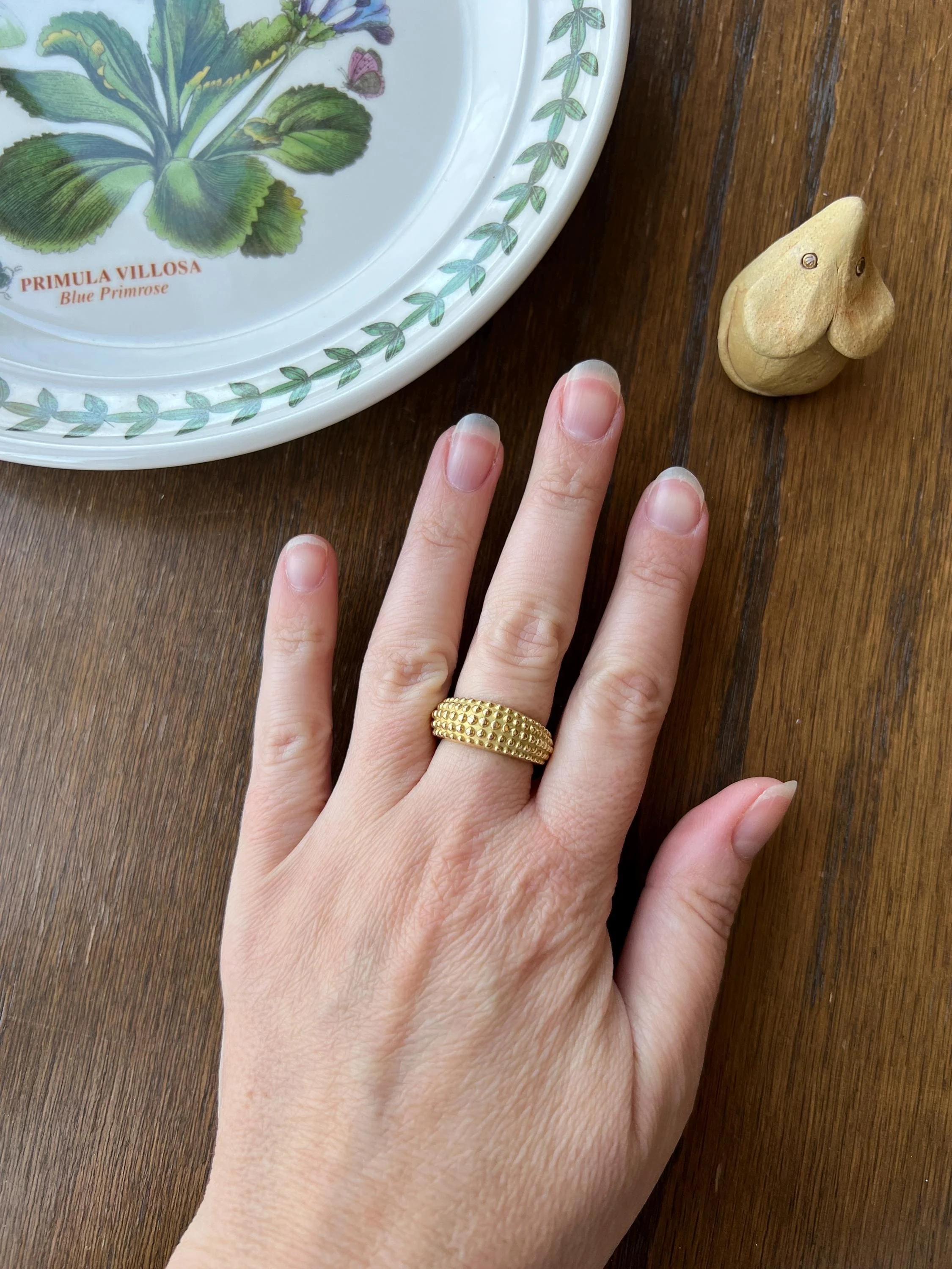 Heavy Ball Rivet Domed Band French Beaded 18k Gold Ring Satin & Shine Chunky Bombe Stacker Glowing 360 Texture Layering - Image 6