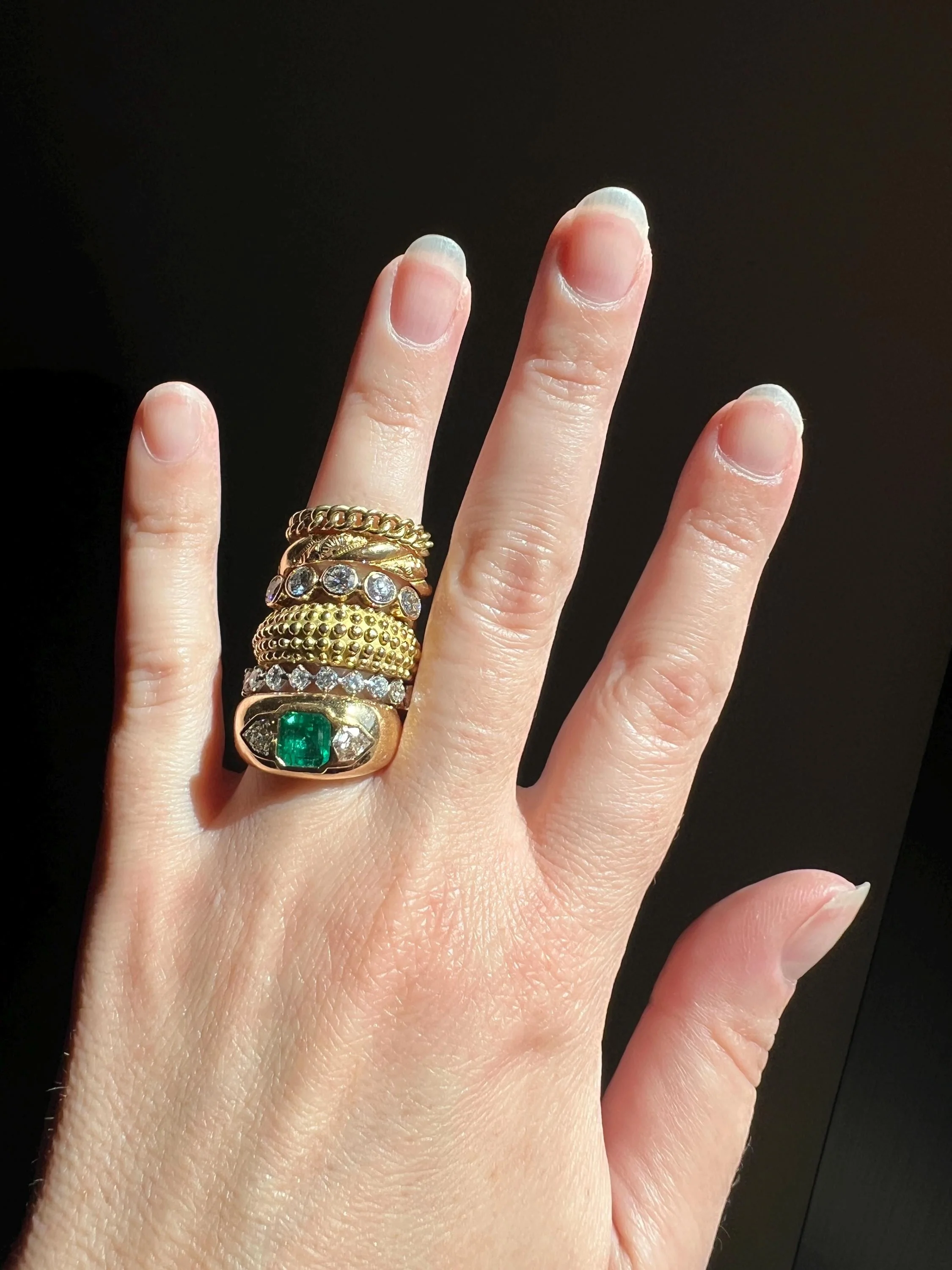 Heavy Ball Rivet Domed Band French Beaded 18k Gold Ring Satin & Shine Chunky Bombe Stacker Glowing 360 Texture Layering - Image 7