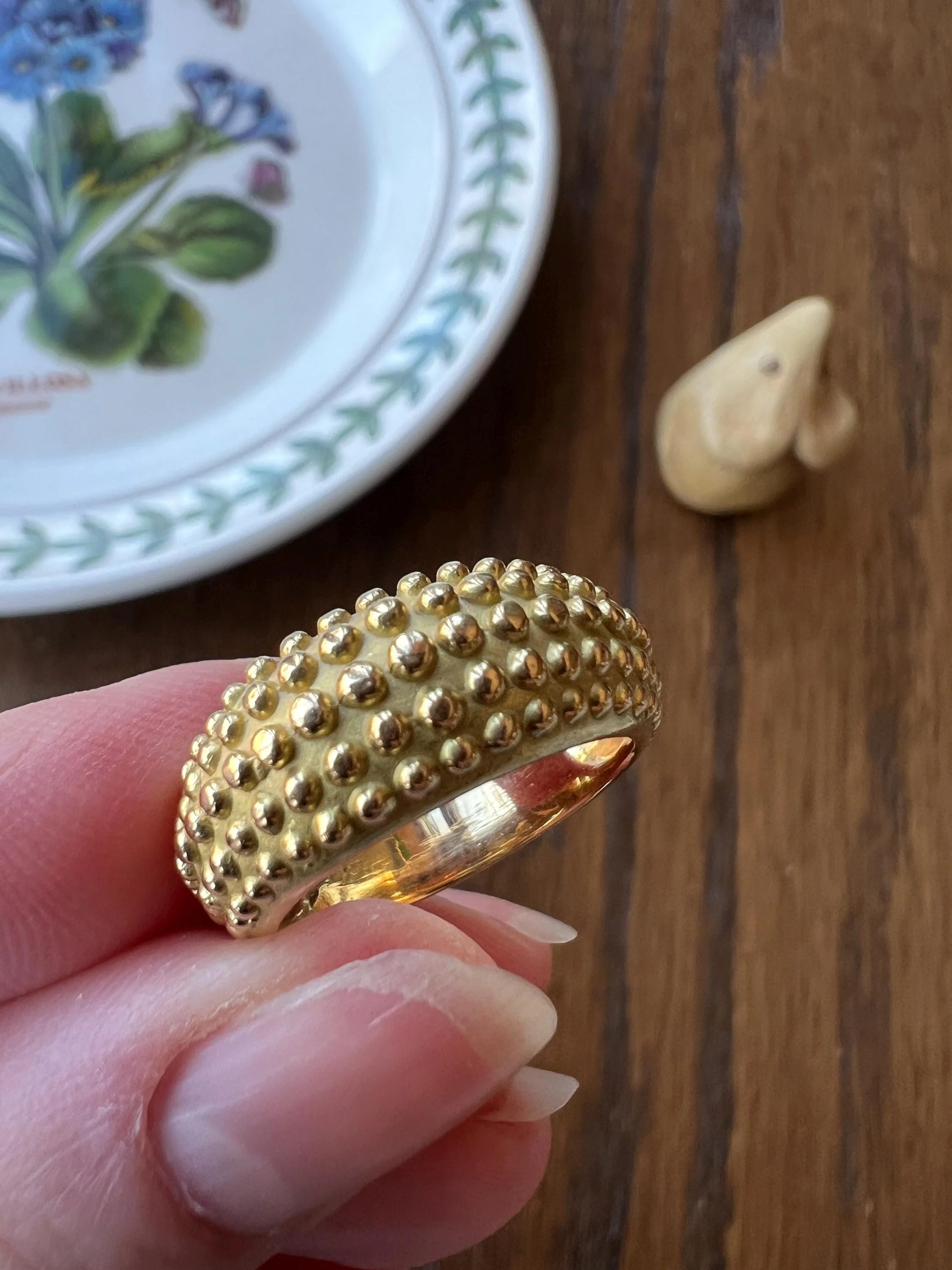 Heavy Ball Rivet Domed Band French Beaded 18k Gold Ring Satin & Shine Chunky Bombe Stacker Glowing 360 Texture Layering - Image 8