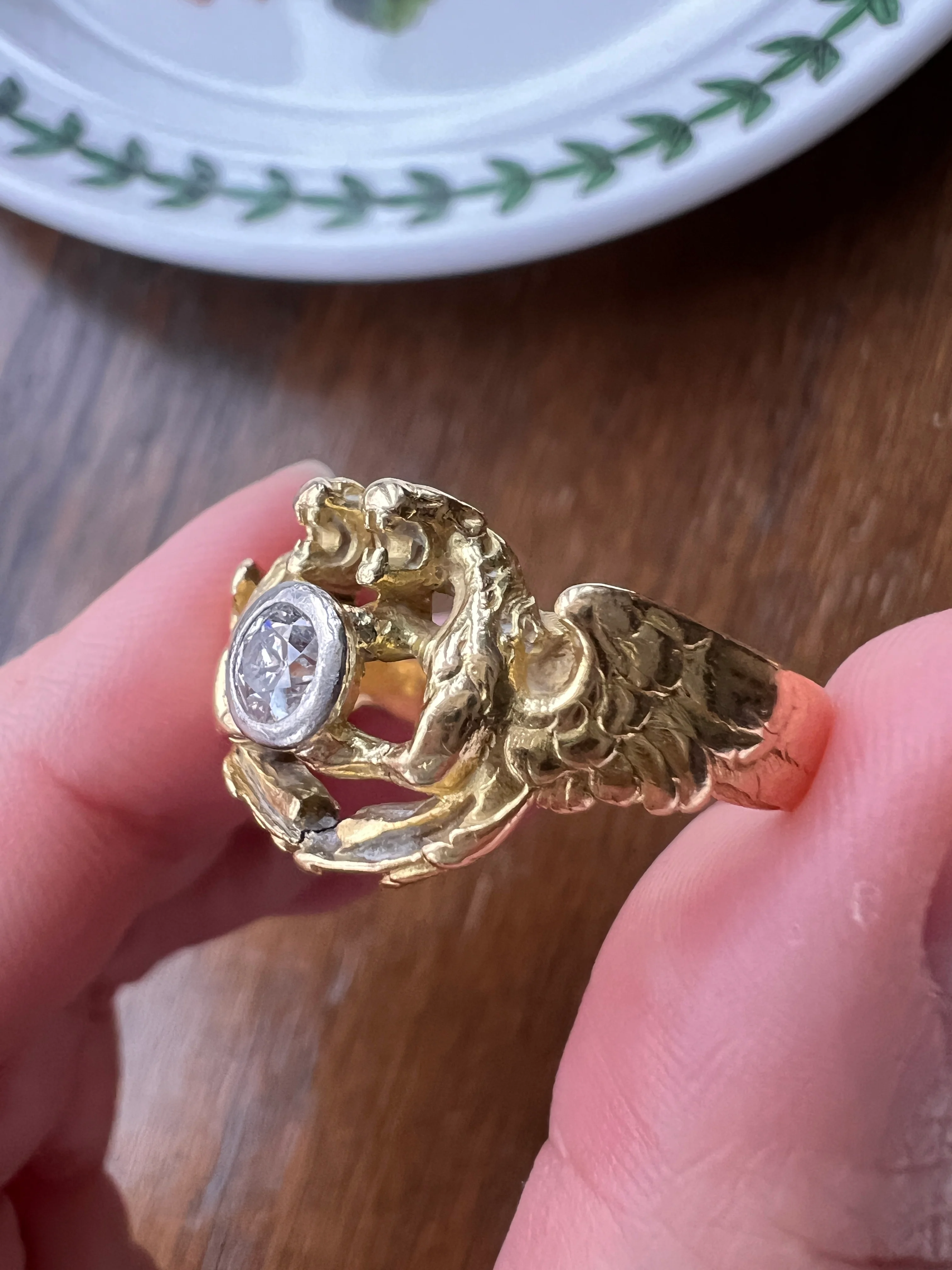 HEAVY Double DRAGON French Antique .3 Ctw Old European Cut DIAMOND RiNG 10g 18k Gold Gift Victorian Figural Unisex - Image 11