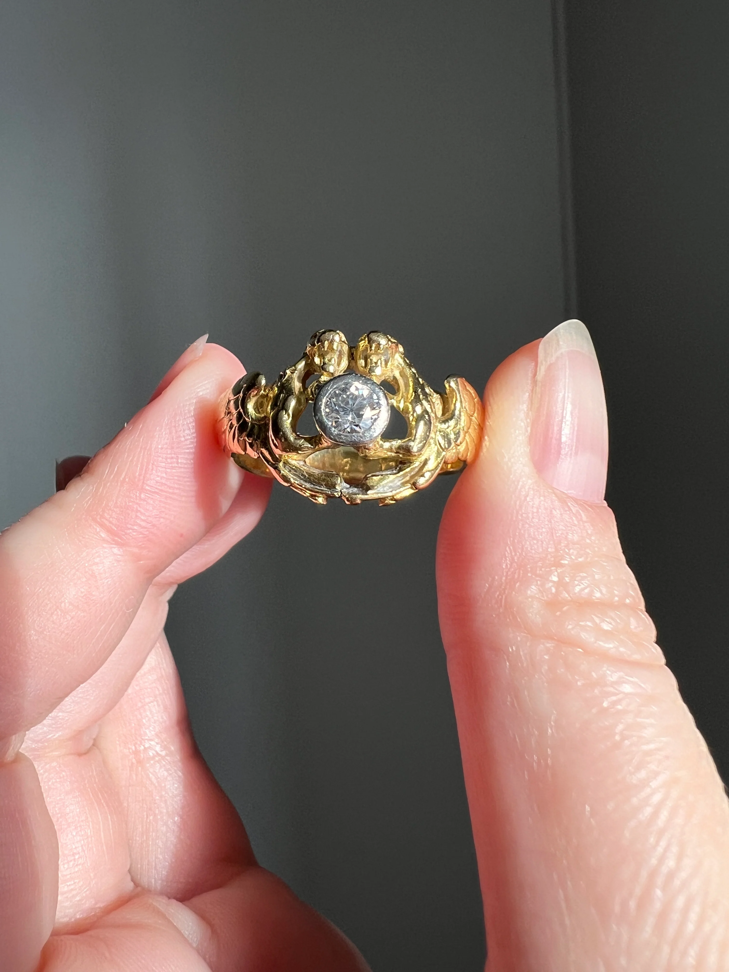 HEAVY Double DRAGON French Antique .3 Ctw Old European Cut DIAMOND RiNG 10g 18k Gold Gift Victorian Figural Unisex - Image 12